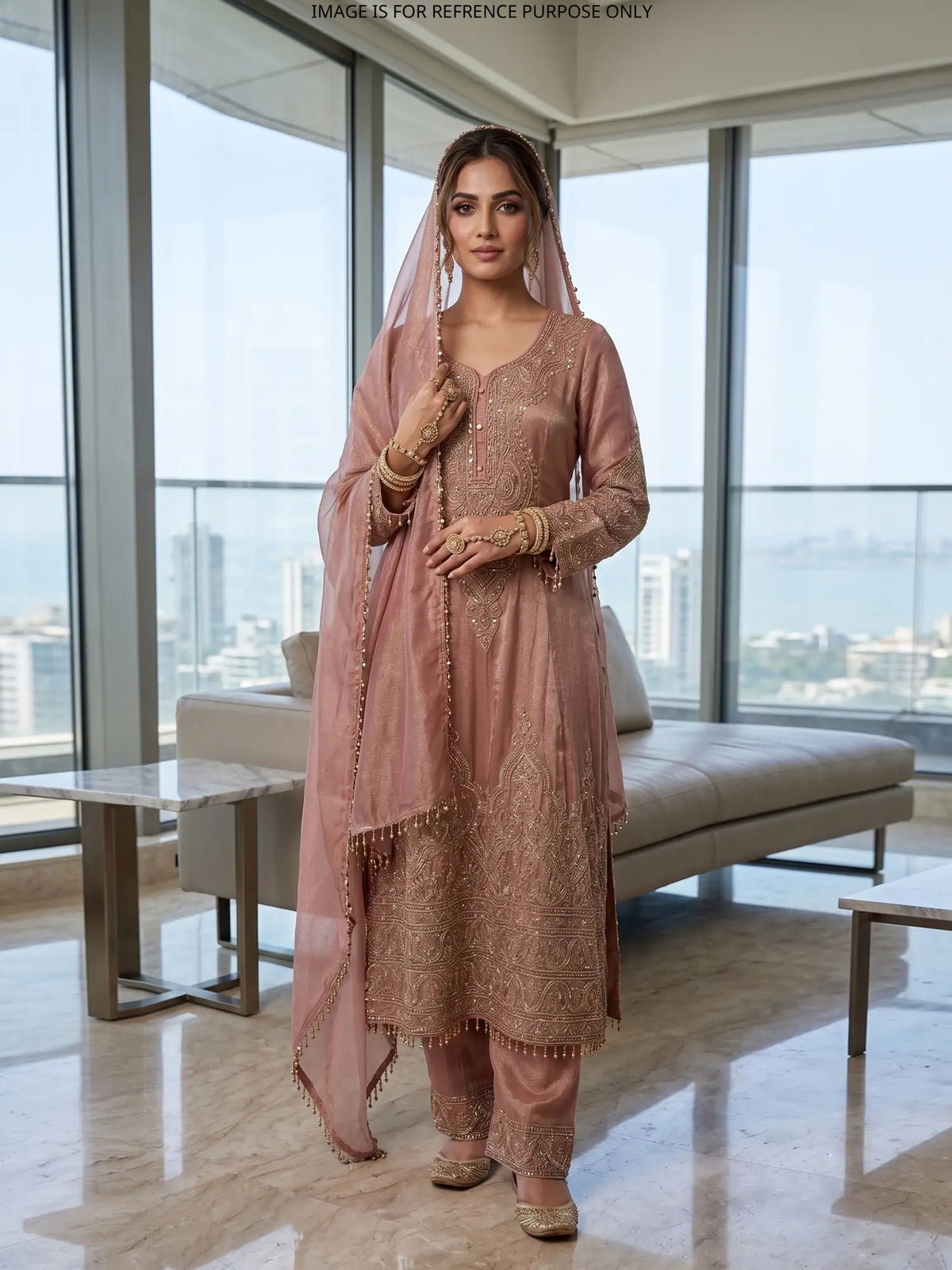Buy Blush Pink Shimmer Silk Long Suit with Heavy Beaded Embroidery