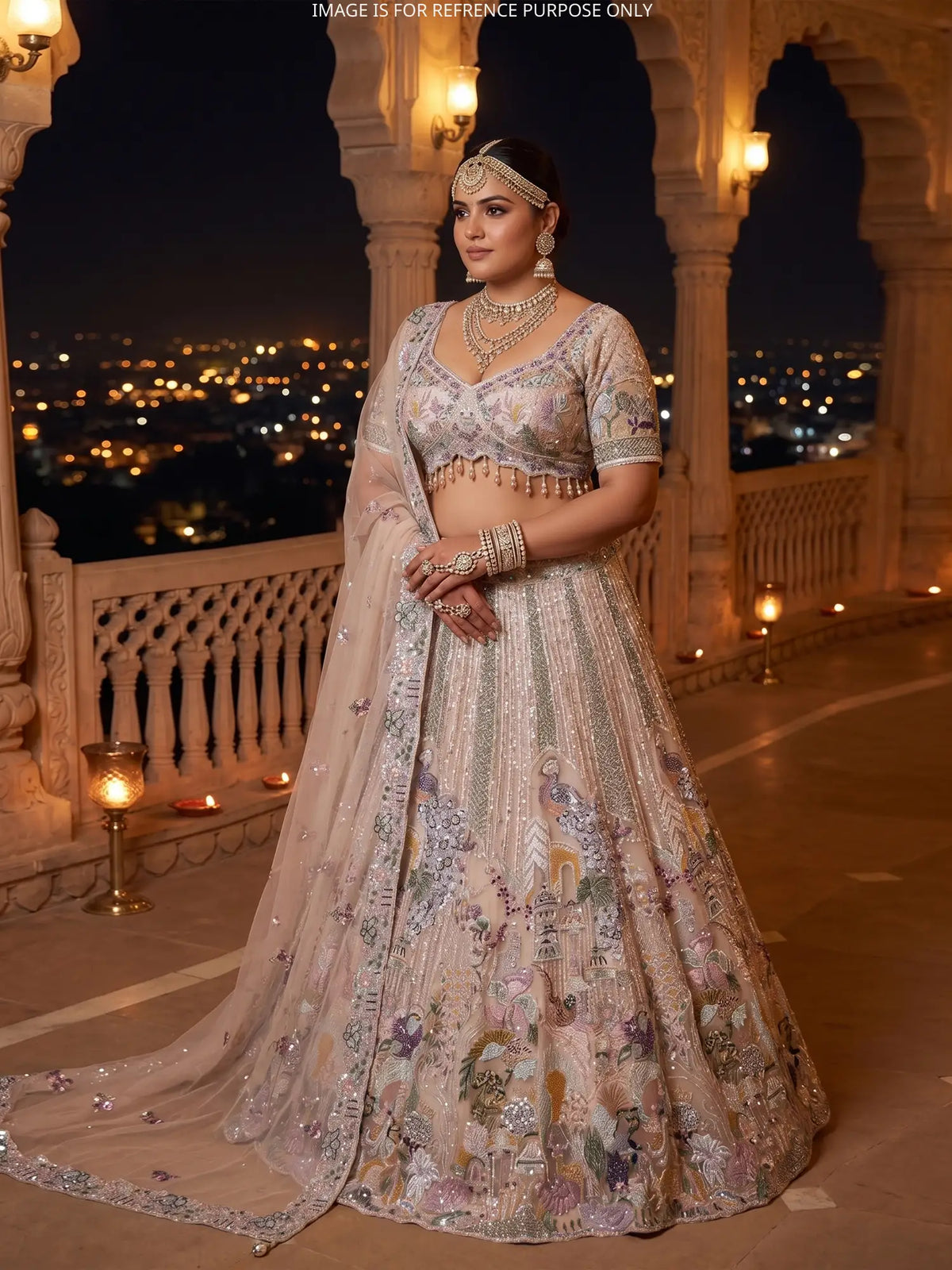 Buy Champagne Gold Net Artistic Lehenga Choli with Bird Floral Embellishment