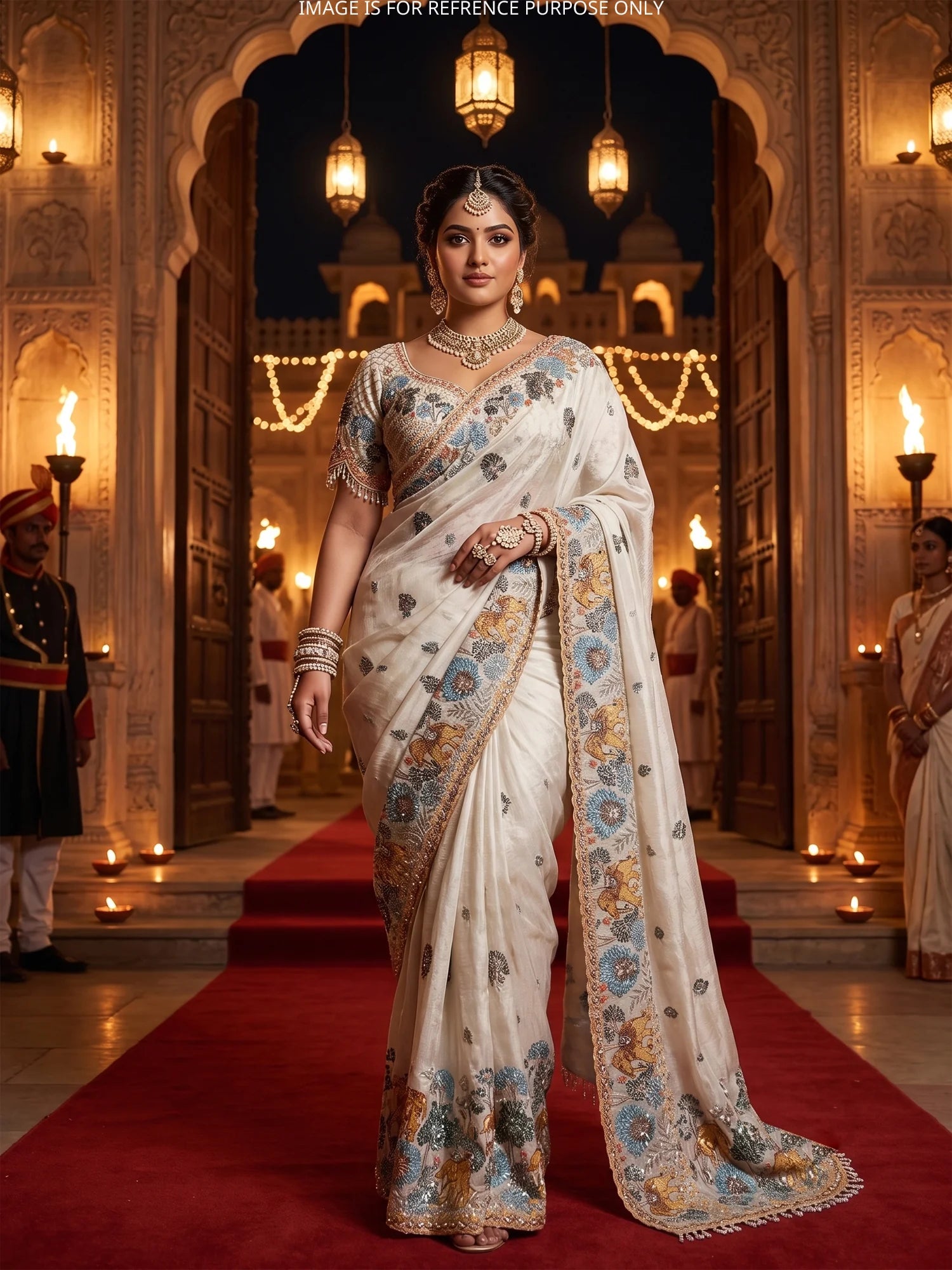Buy Cream Organza Designer Saree With Exquisite Diamond Embroidery