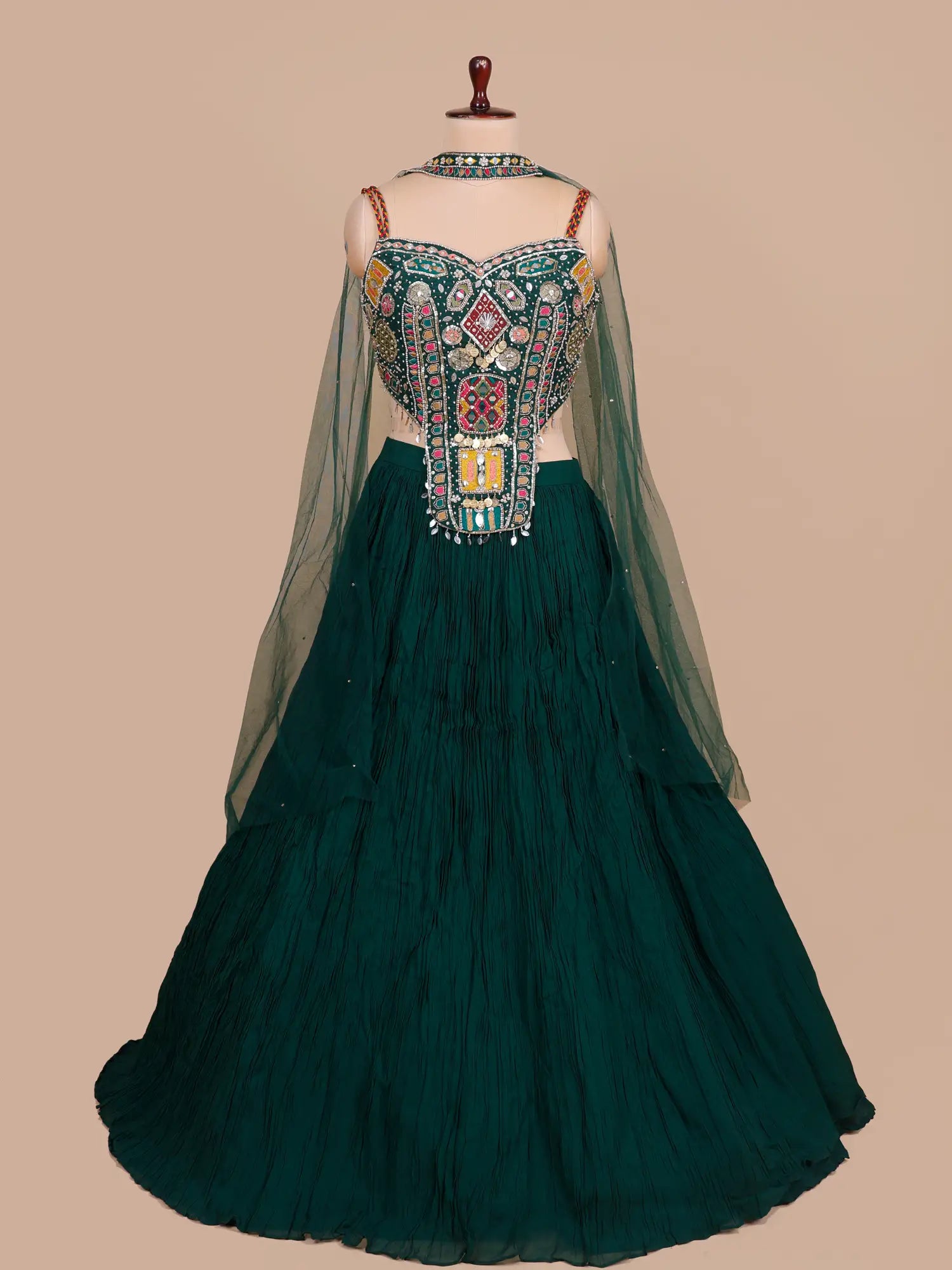 Premium Dark Green Chinon Lehenga Choli With Pearl Design