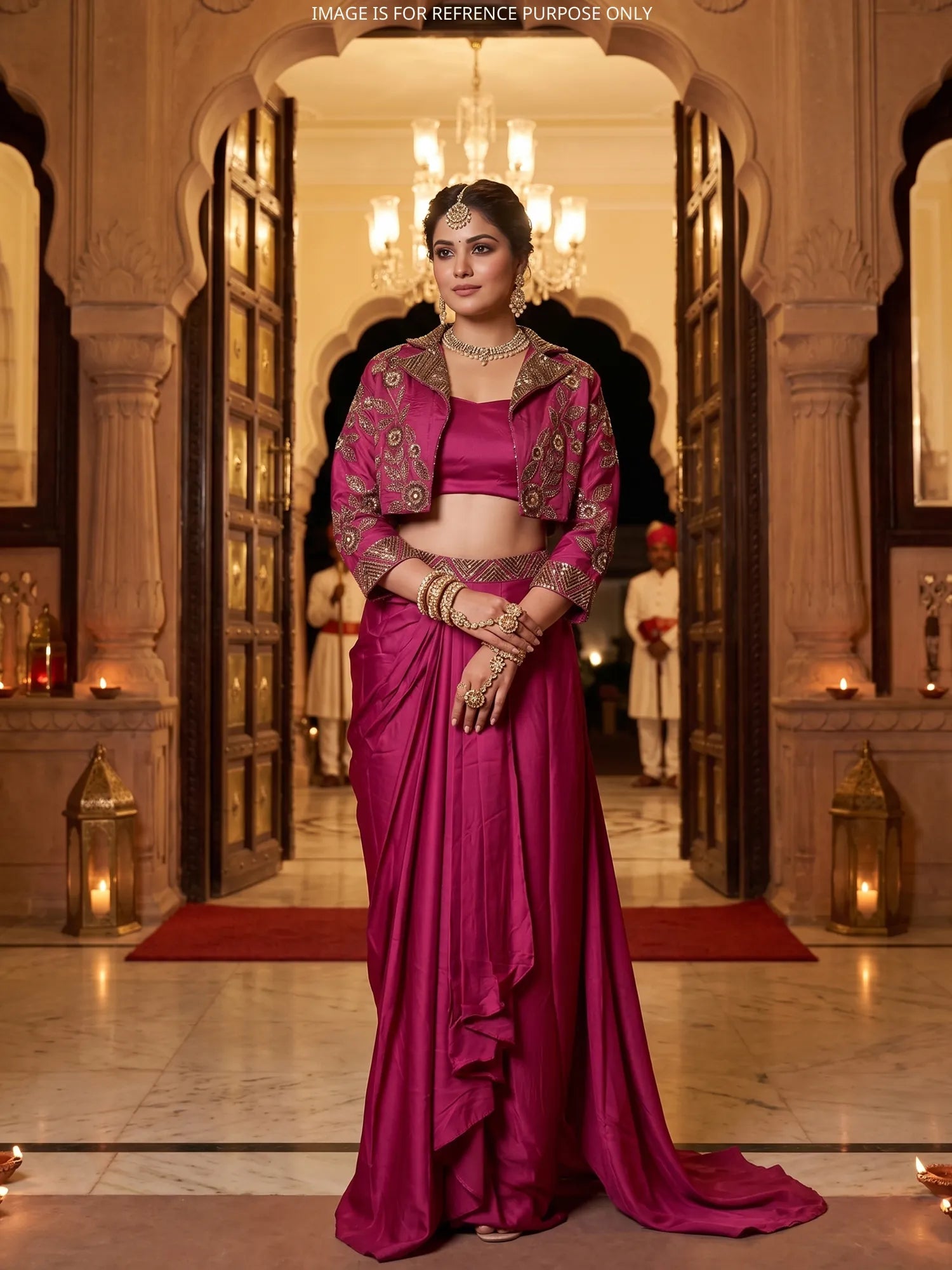 Buy Designer Pink Indo Western Pre-Draped Saree With Premium Embroidery Work Online