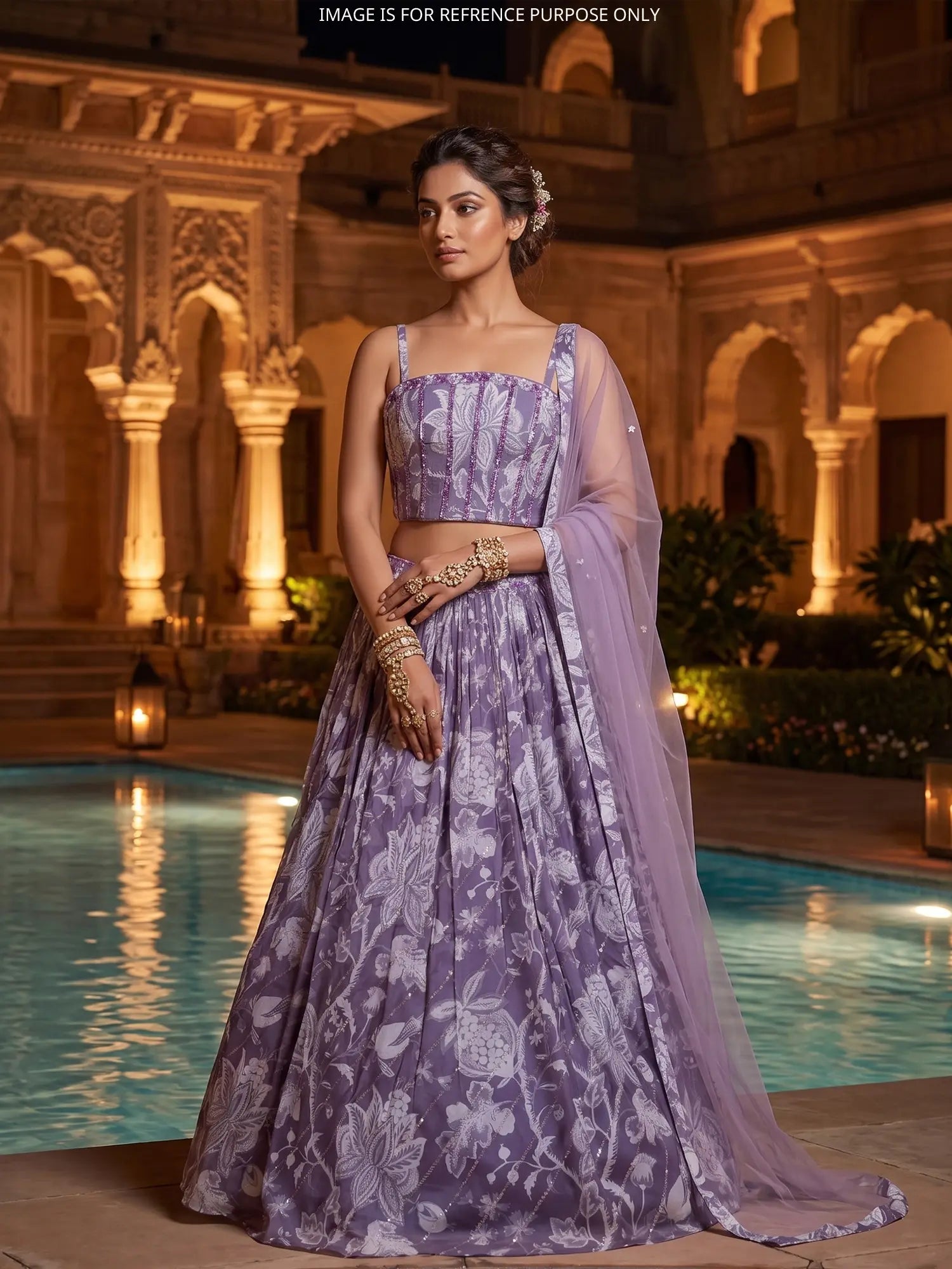 Buy Dusty Purple Floral Crepe Silk Lehenga With Pearl Work