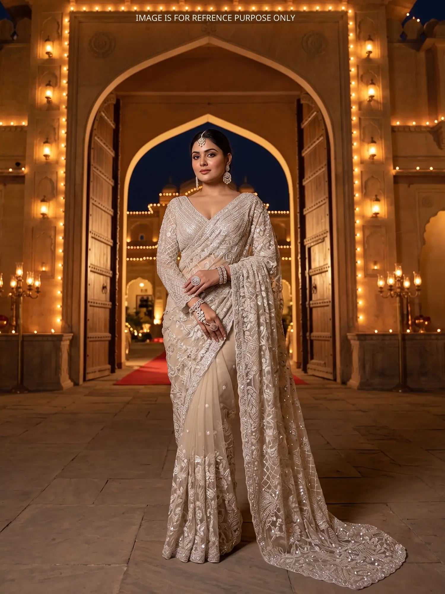 Buy Luminous Off White Net Saree Enhanced By Pearl Sequin Detailing
