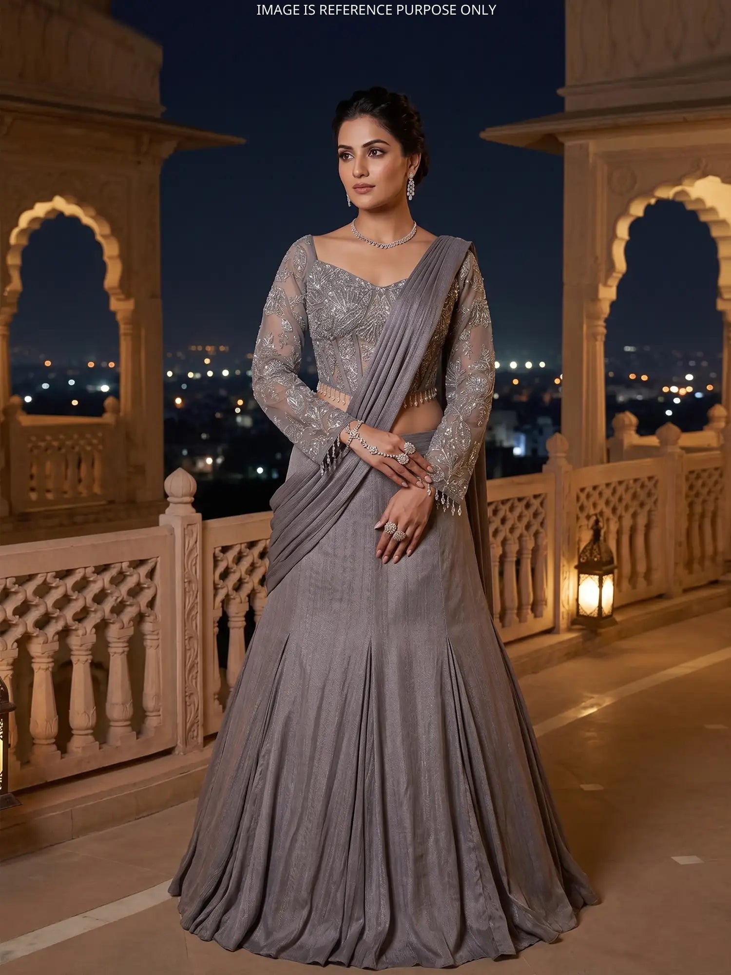 Buy Luxury Metallic Grey Mermaid Style Lehenga With Designer Glam