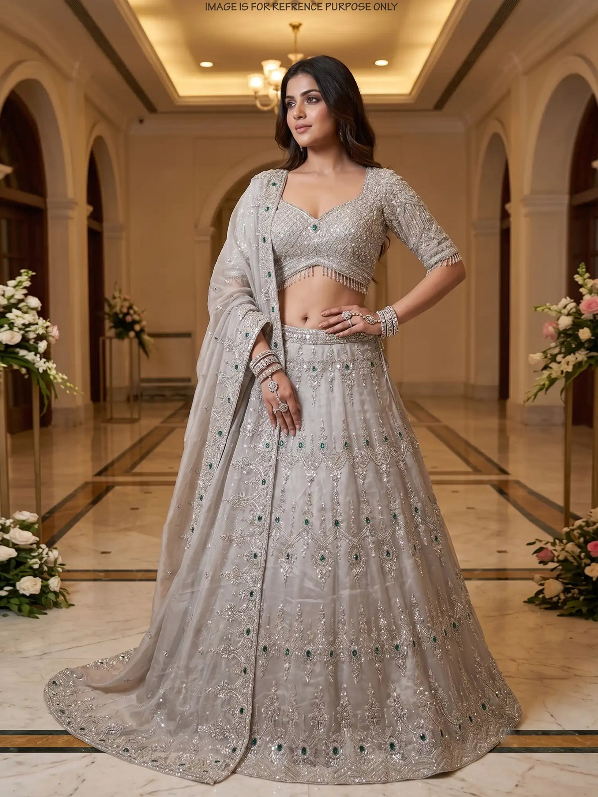 Buy Majestic Light Grey Designer Lehenga Online with Green Stone Highlights