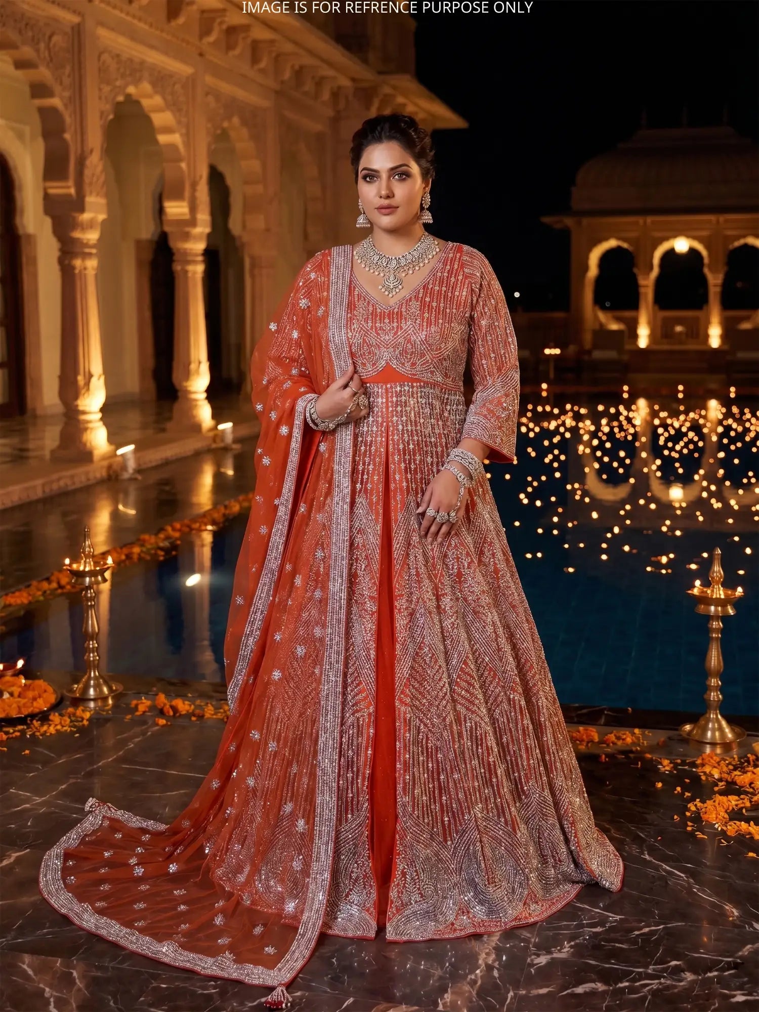 Buy Masterpiece Orange Net Indo-Western Lehenga For Grand Celebrations