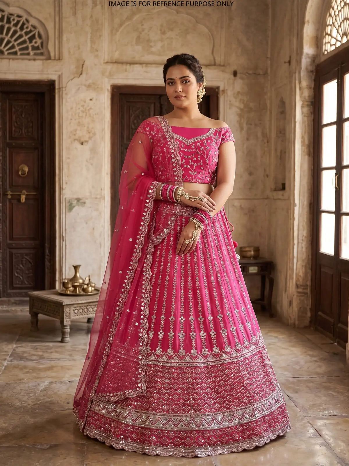 Buy Modern Pink Net Unstitched Lehenga Featuring Silver Floral Embroidery
