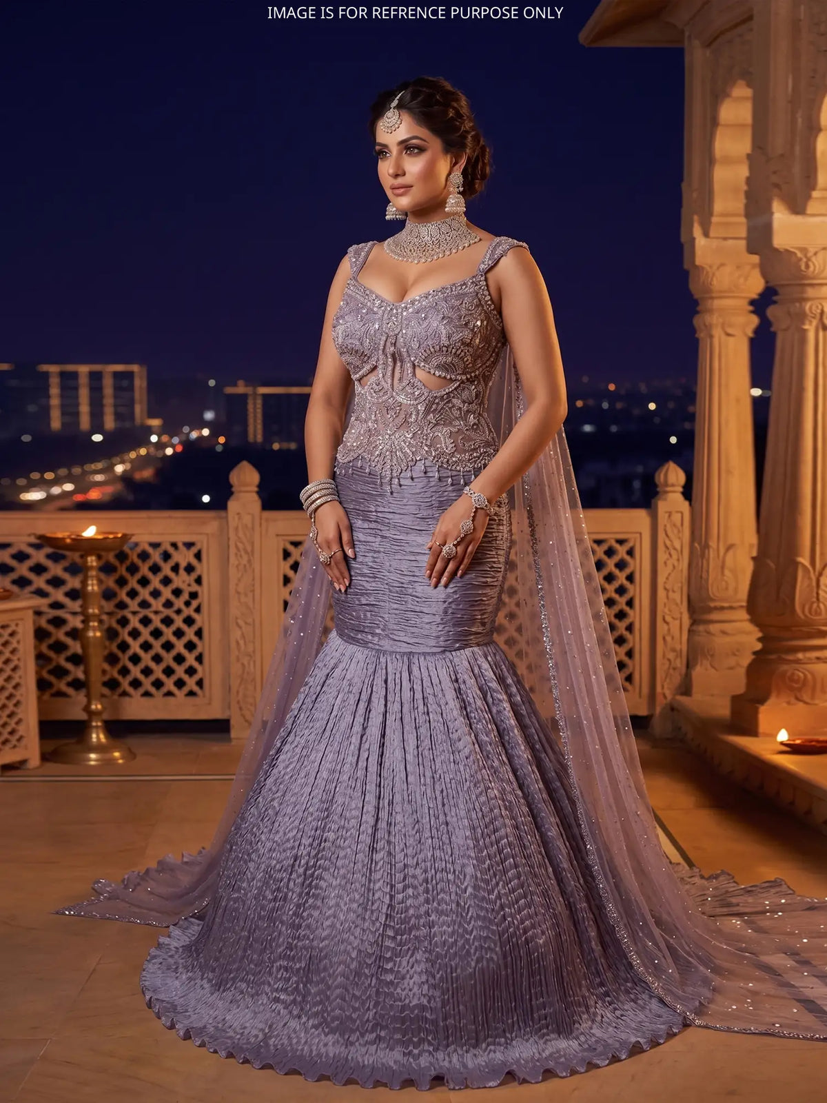 Buy Modern Purple Organza Fishcut Lehenga Featuring Pearl Moti Work
