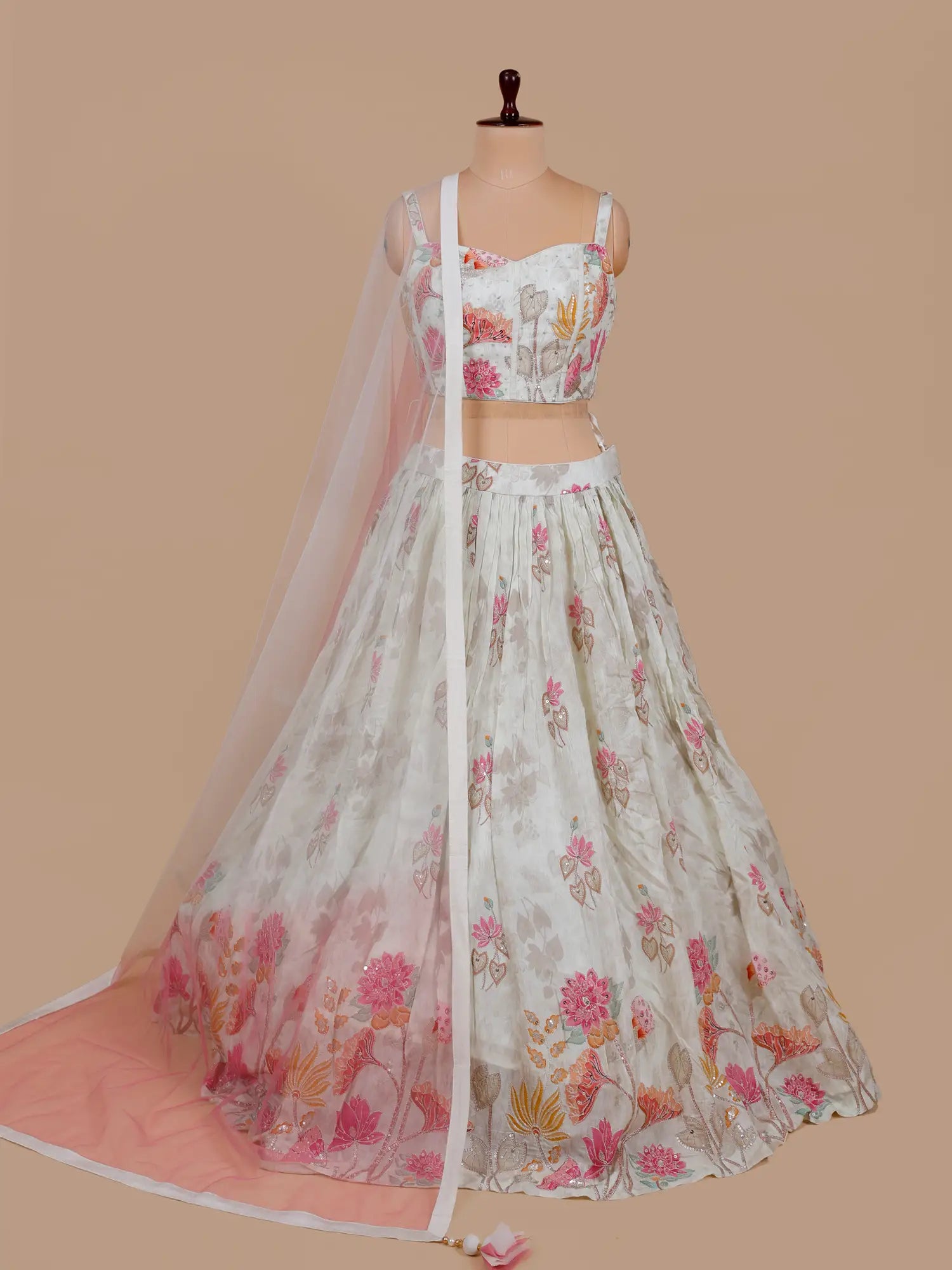 Affordable Party Wear Off White Crepe Silk Lehenga