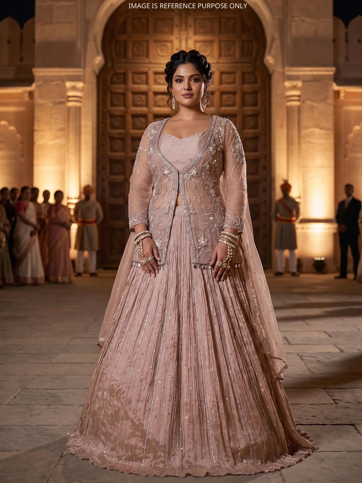 Buy Premium Chickoo Designer Shrug Lehenga With Luxurious Sparkle
