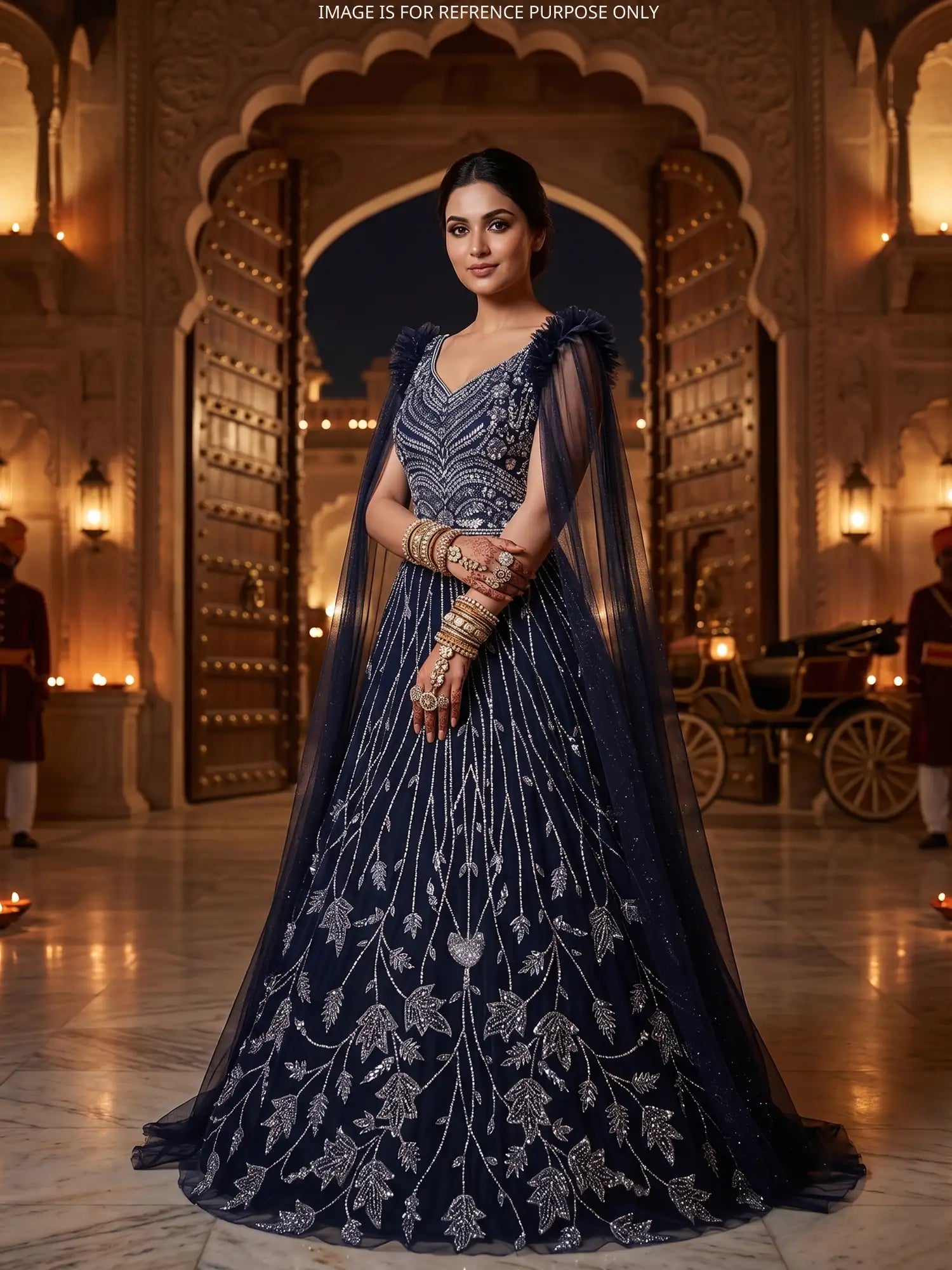 Buy Premium Navy Blue Net Long Gown With Signature Sequin Pearl Work