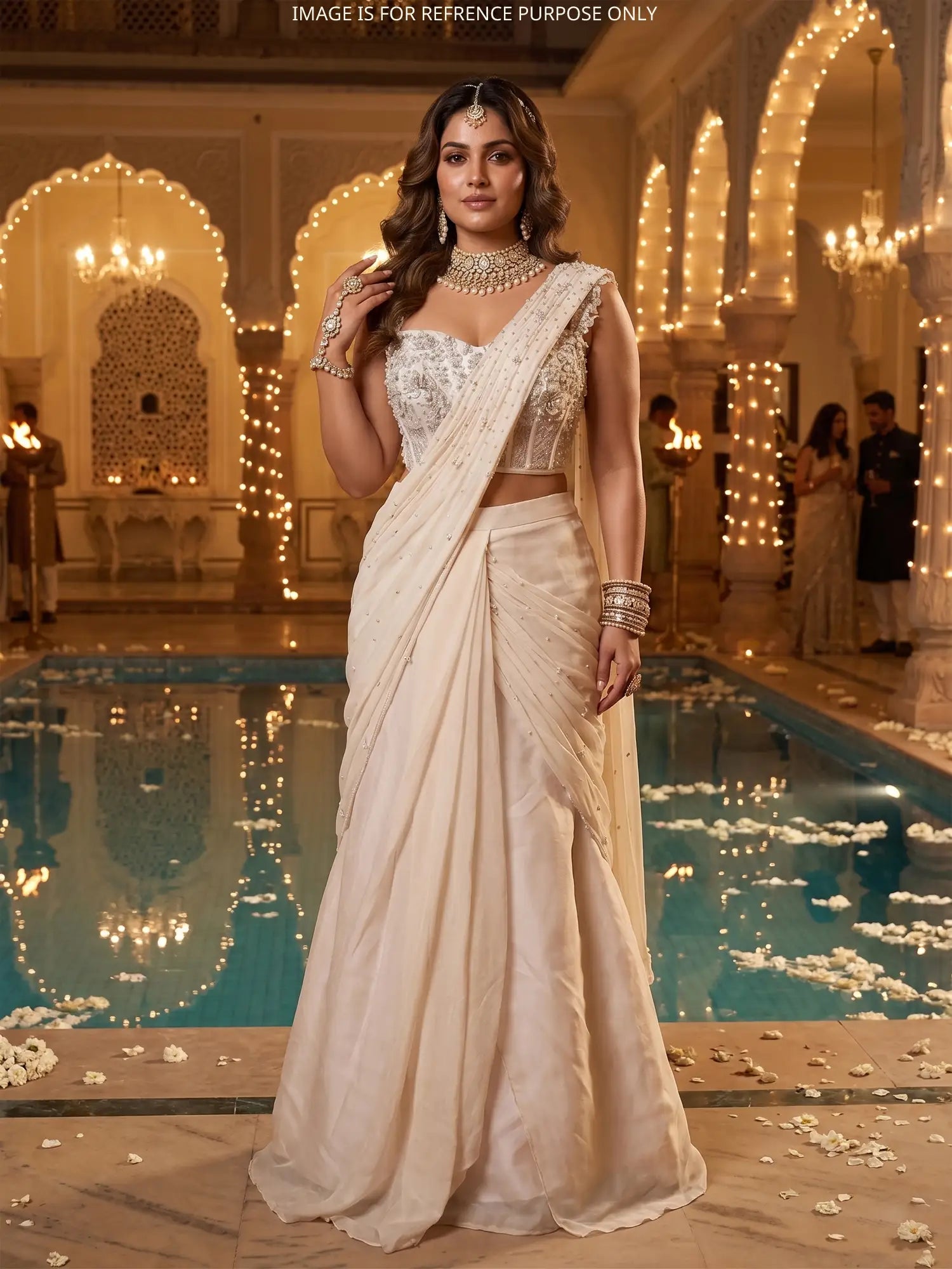 Buy Premium Off White Drape Saree With Signature Pearl Work