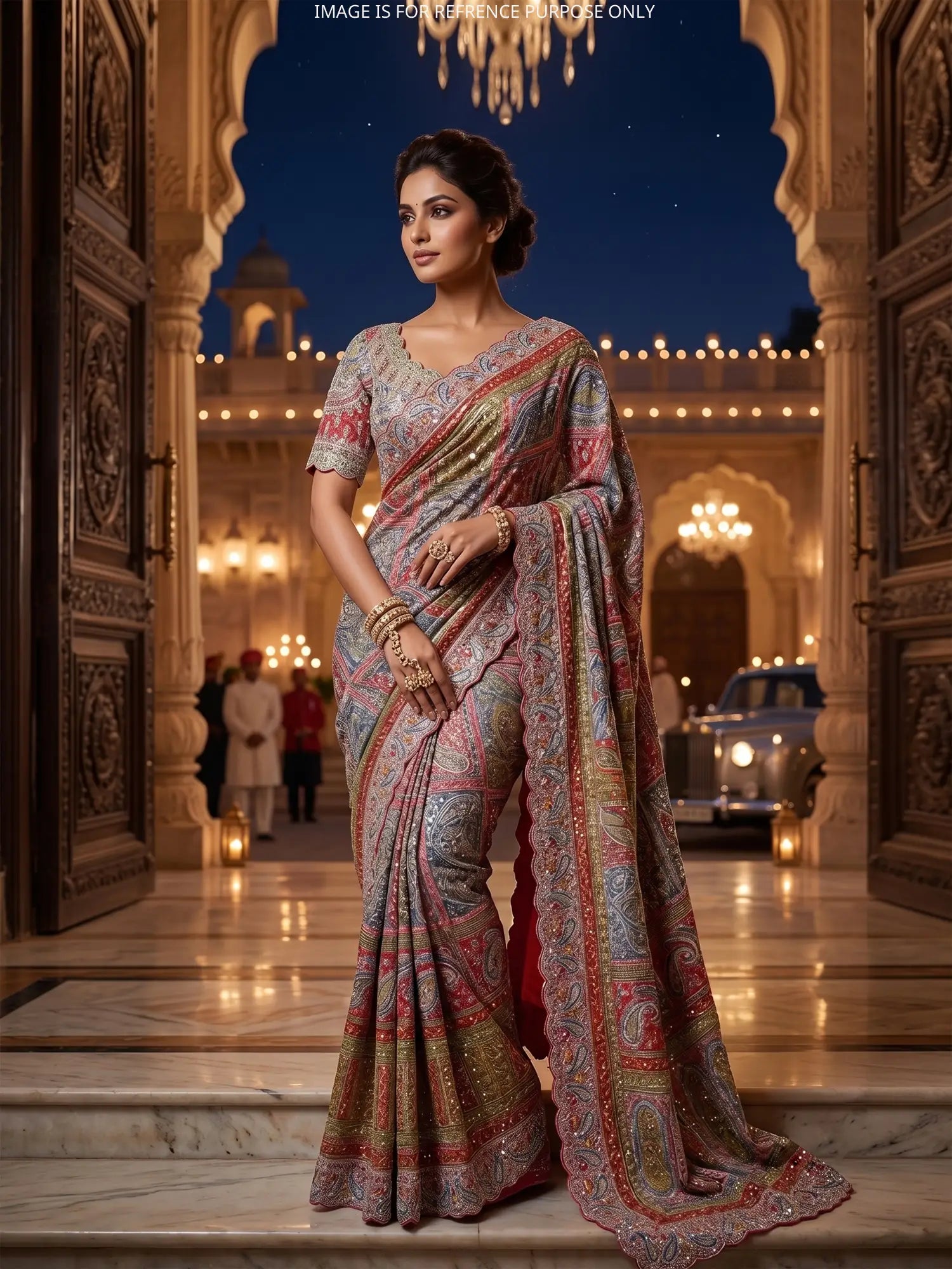Buy Premium Printed Silk Saree Highlighting Diamond Mirror Craftsmanship