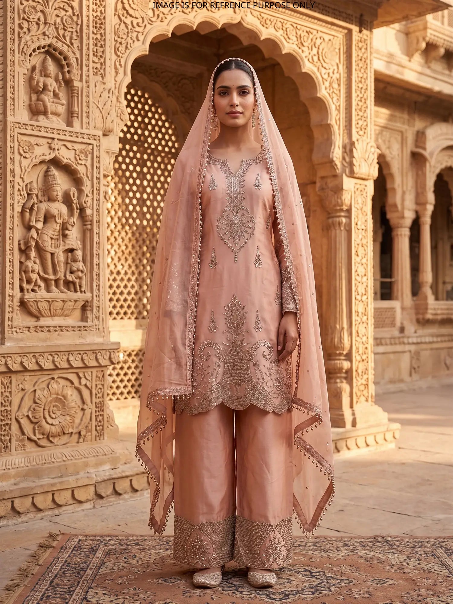 Buy Prestige Light Peach Satin Silk Palazzo Suit In Sequin Beadwork