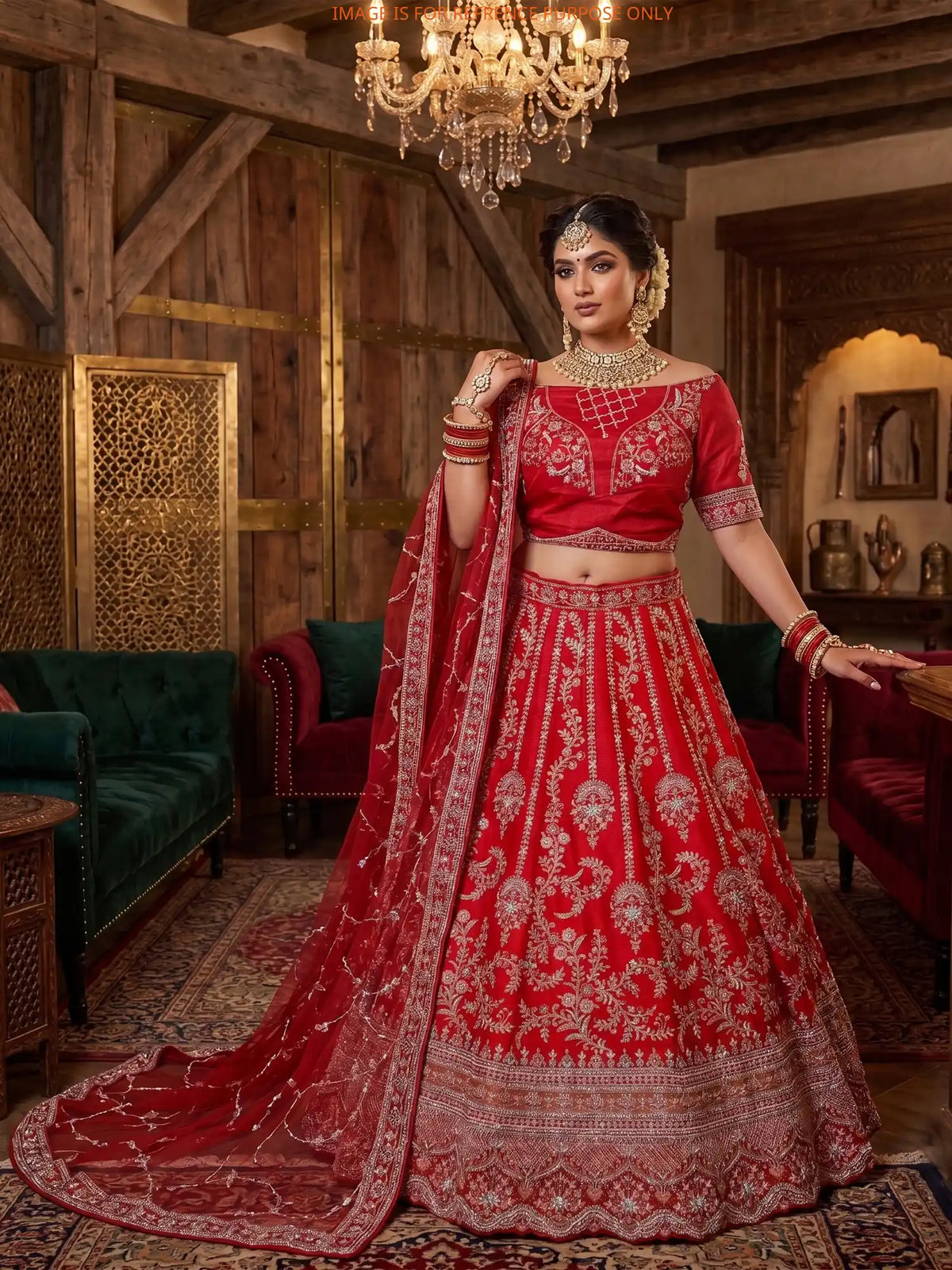 Buy Red Silk Bridal Lehenga with Floral Panels and Embellished Blouse