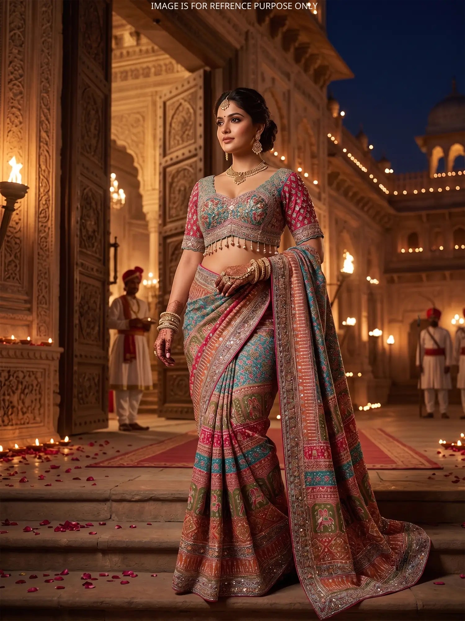 Buy Vibrant Printed Silk Saree Enhanced By Diamond Cut Dana Detailing