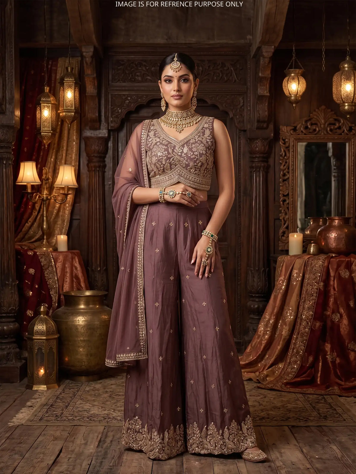 Buy Wine Chinon Indo Western Palazzo Suit Showcasing Intricate Sequin Dori Work