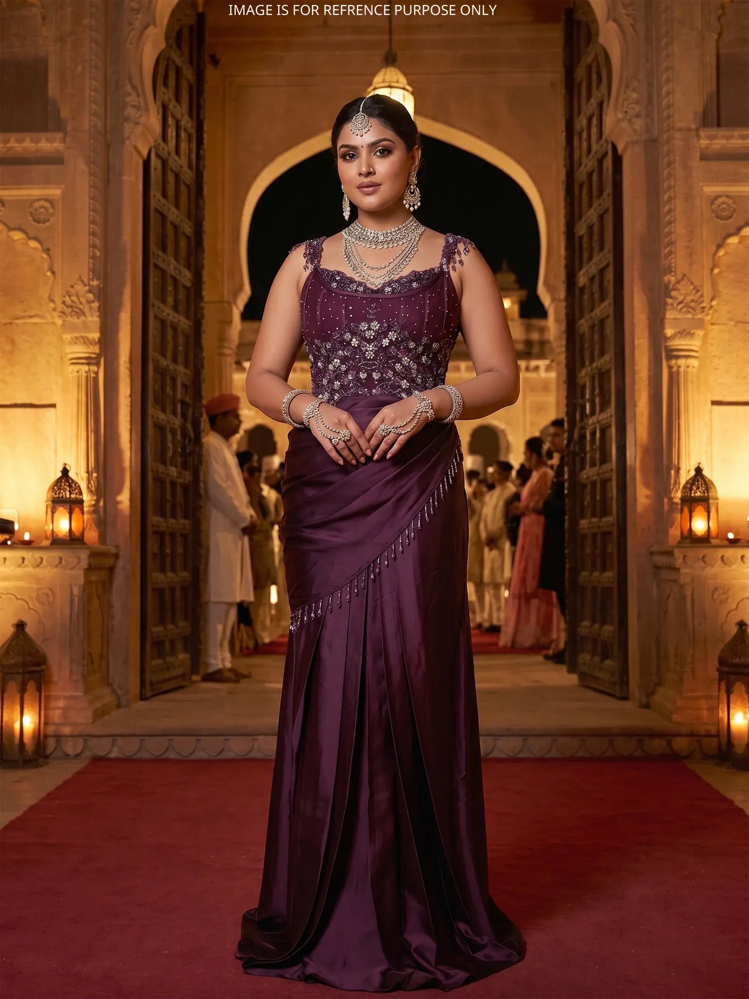 Buy Wine Satin Silk Indo Western Saree With Exquisite Sequin Crystal Detailing