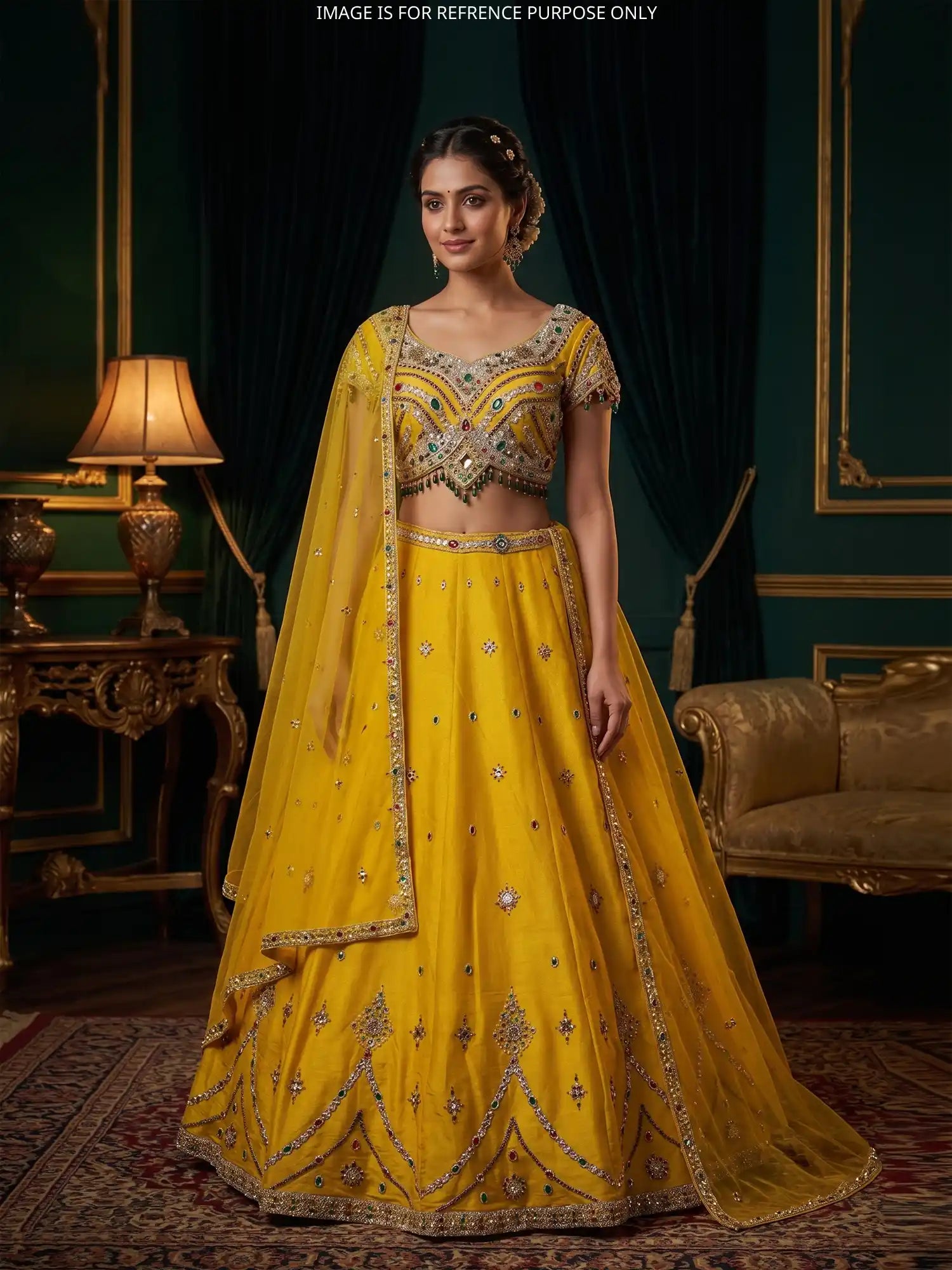 Buy Yellow Designer Haldi Lehenga Choli In Shimmer Silk With Crystal Brooch Glam