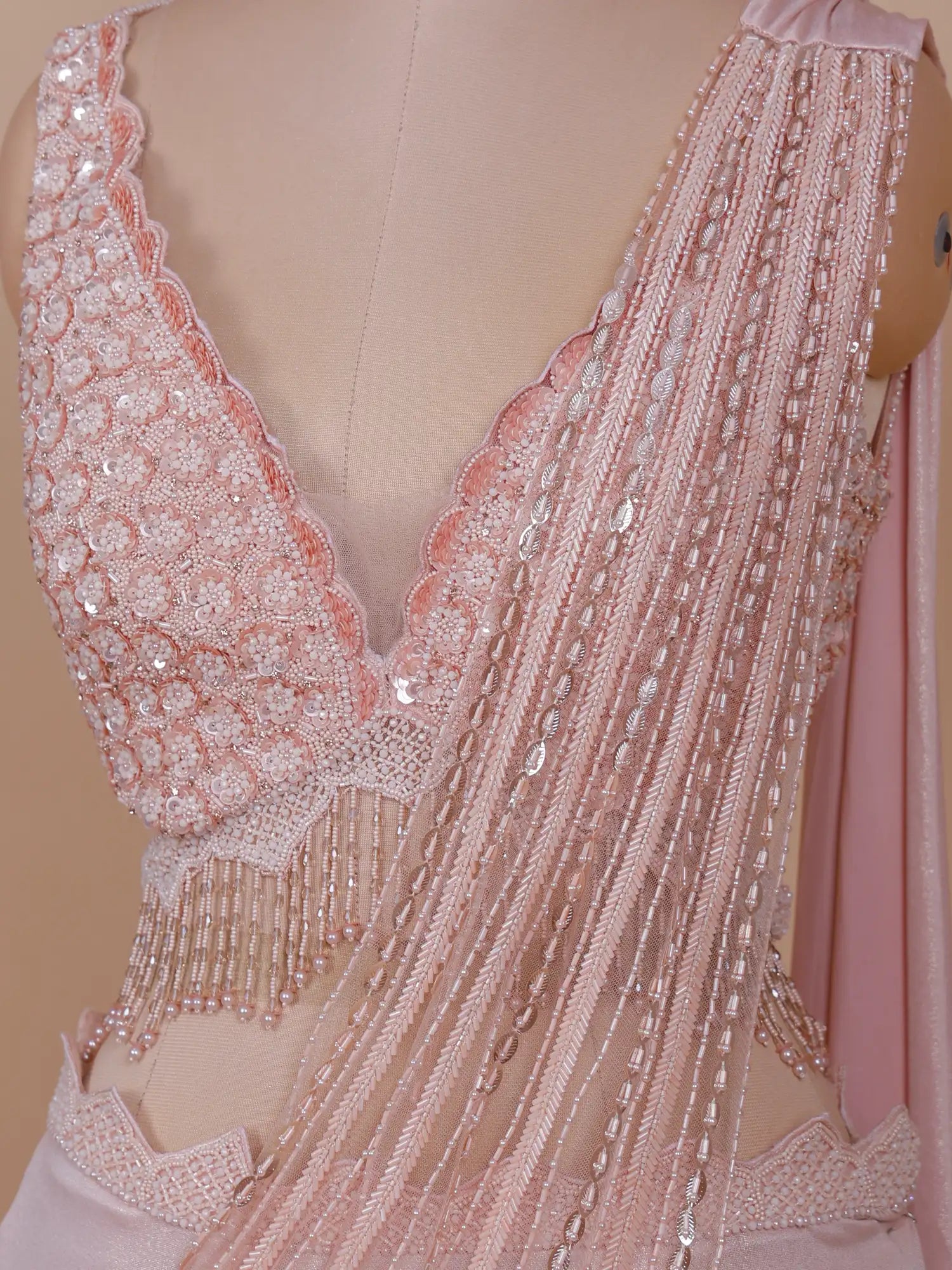 Majestic Light Peach Imported Fishcut Lehenga With Designer Drape