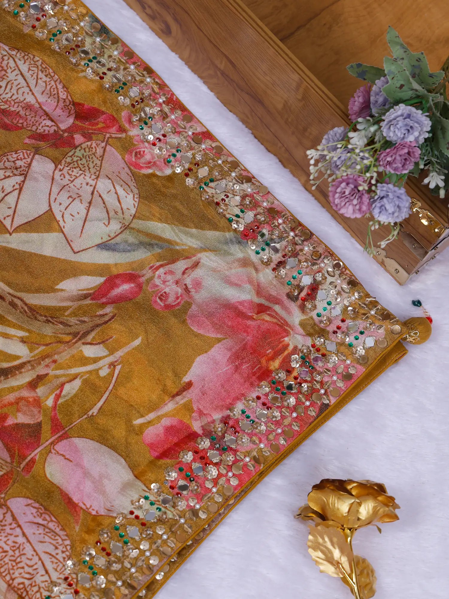 Explore Prestige Mustard Crepe Saree Online With Designer Embellishments