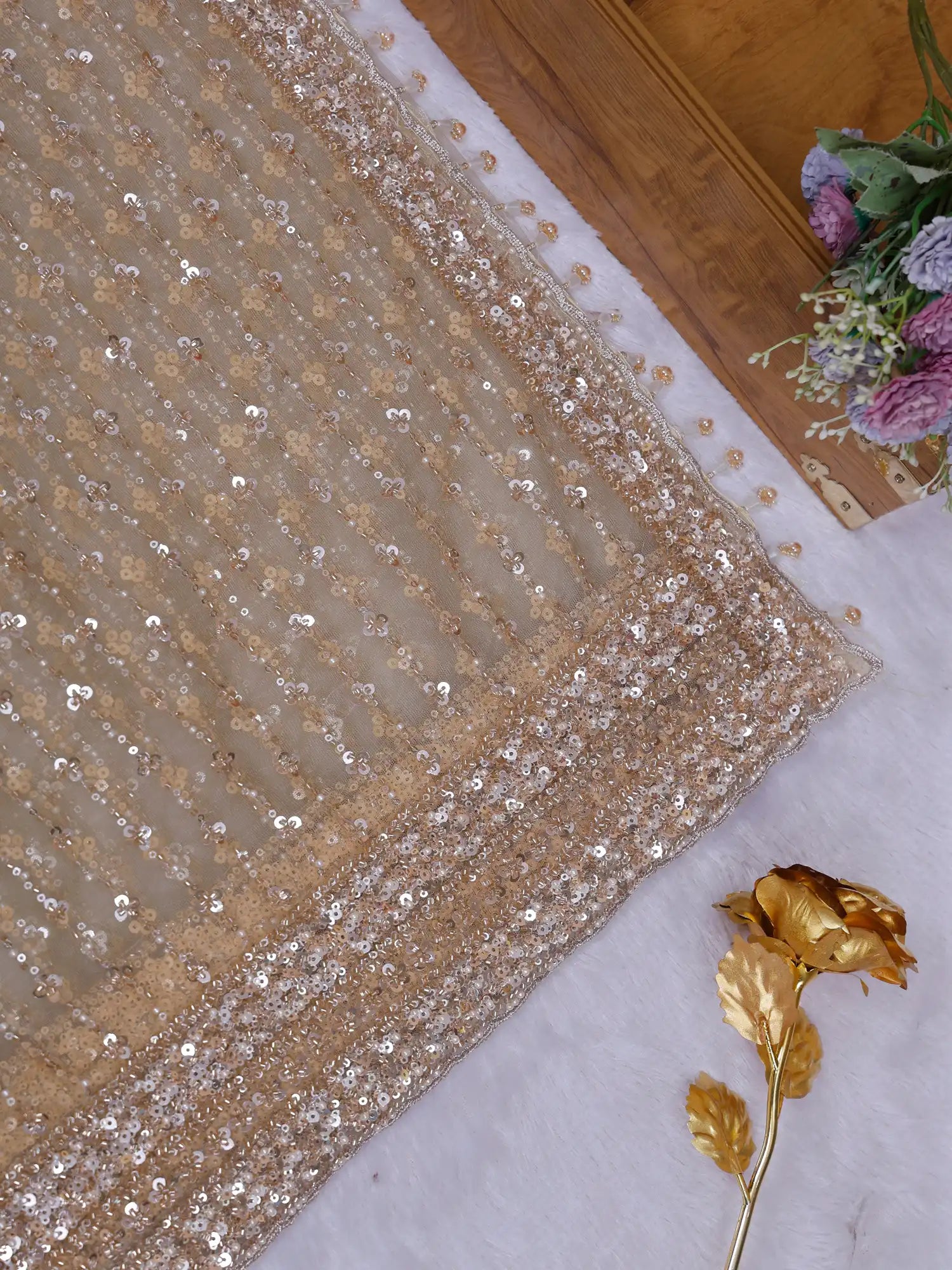 Affordable Modern Pista Net Saree With Designer Embroidery