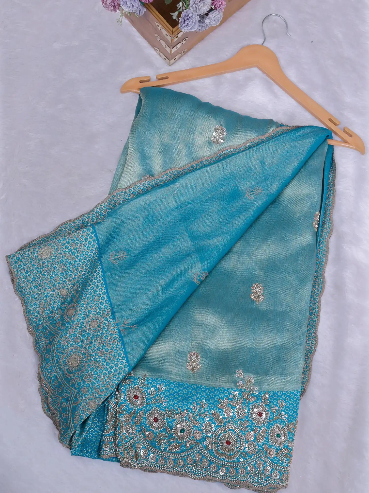 Timeless Sky Blue Silk Saree With Signature Hand Embroidery