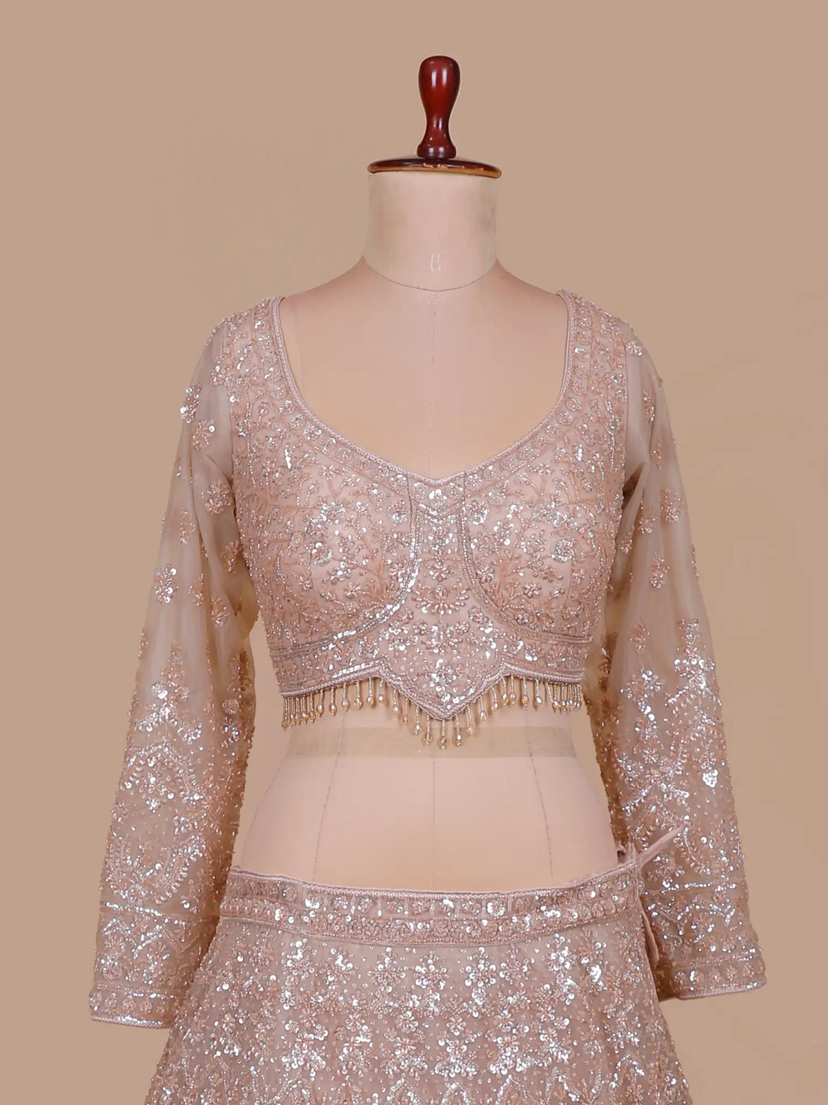 Glam Champagne Net Lehenga Choli with All Over Bead Sequin Embroidery