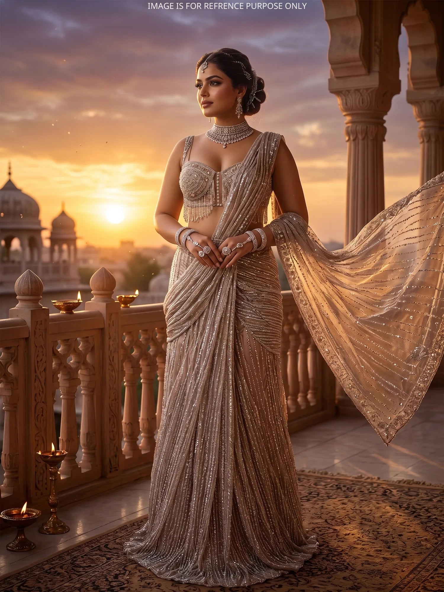 Champagne Designer Couture Drape Saree With Regal Elegance