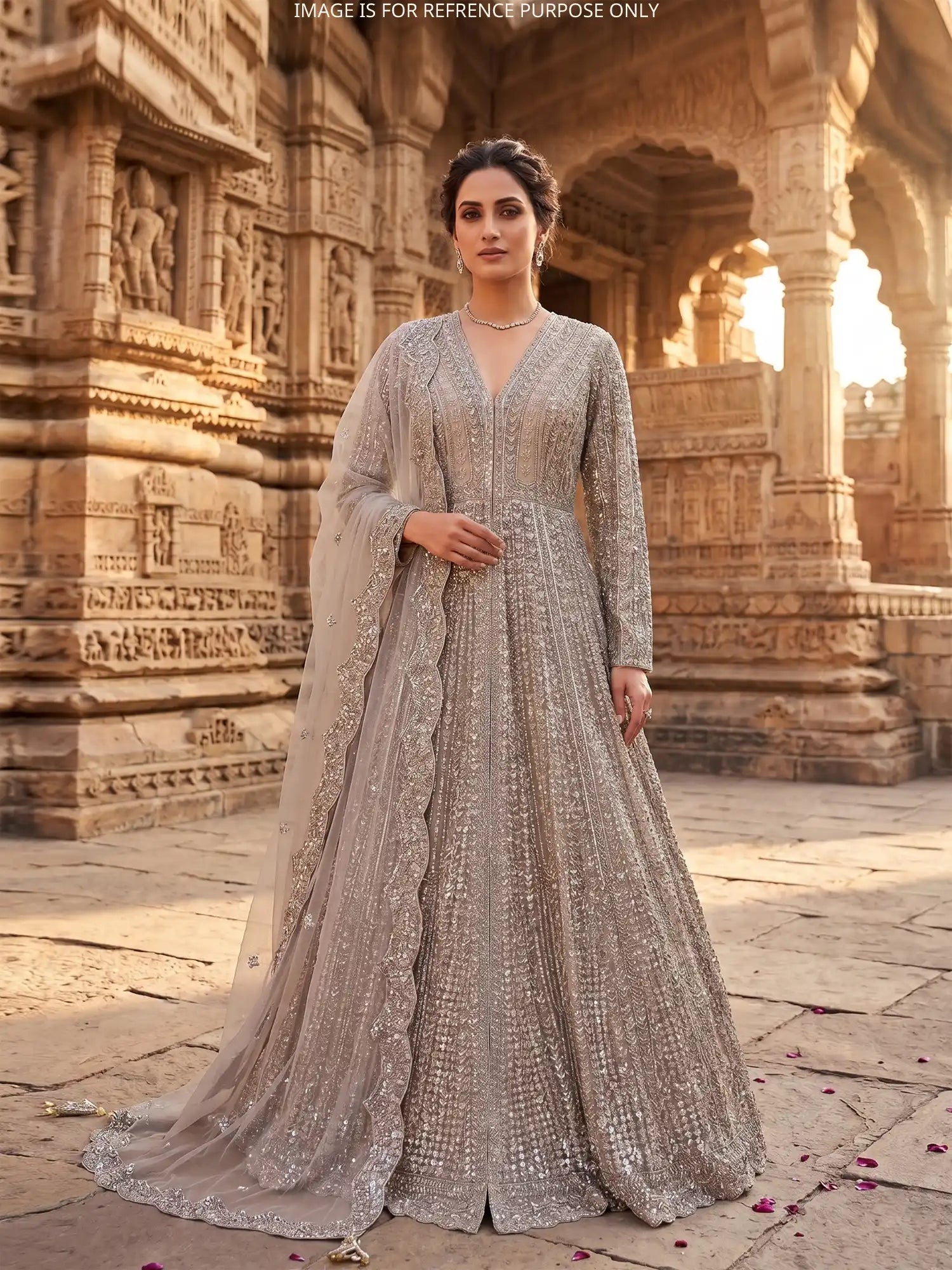 Champagne Designer Indo Western Lehenga With Sparkling Diamond Work
