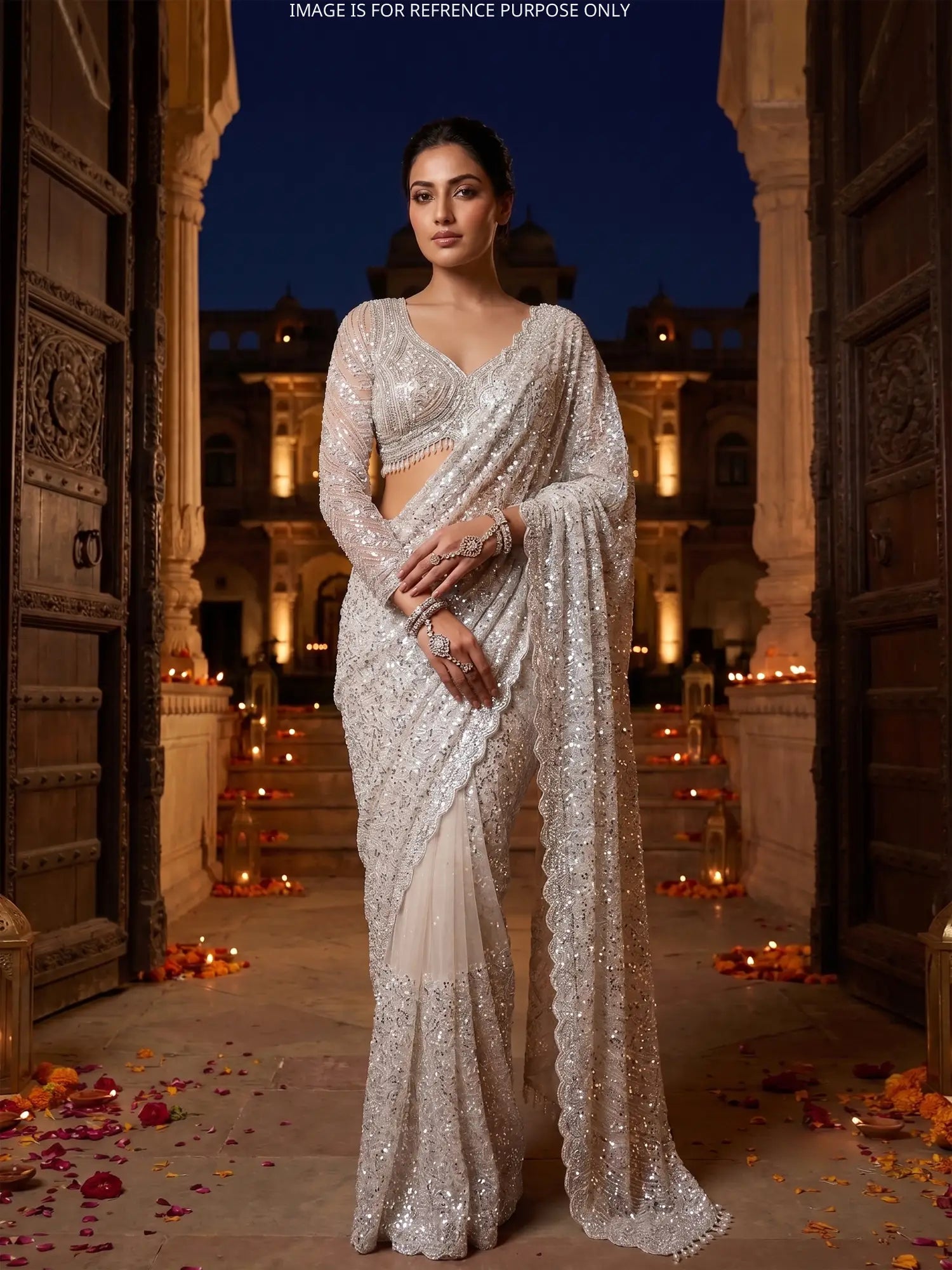 Champagne Designer Net Saree Online Accented By Shimmering Pearl Work
