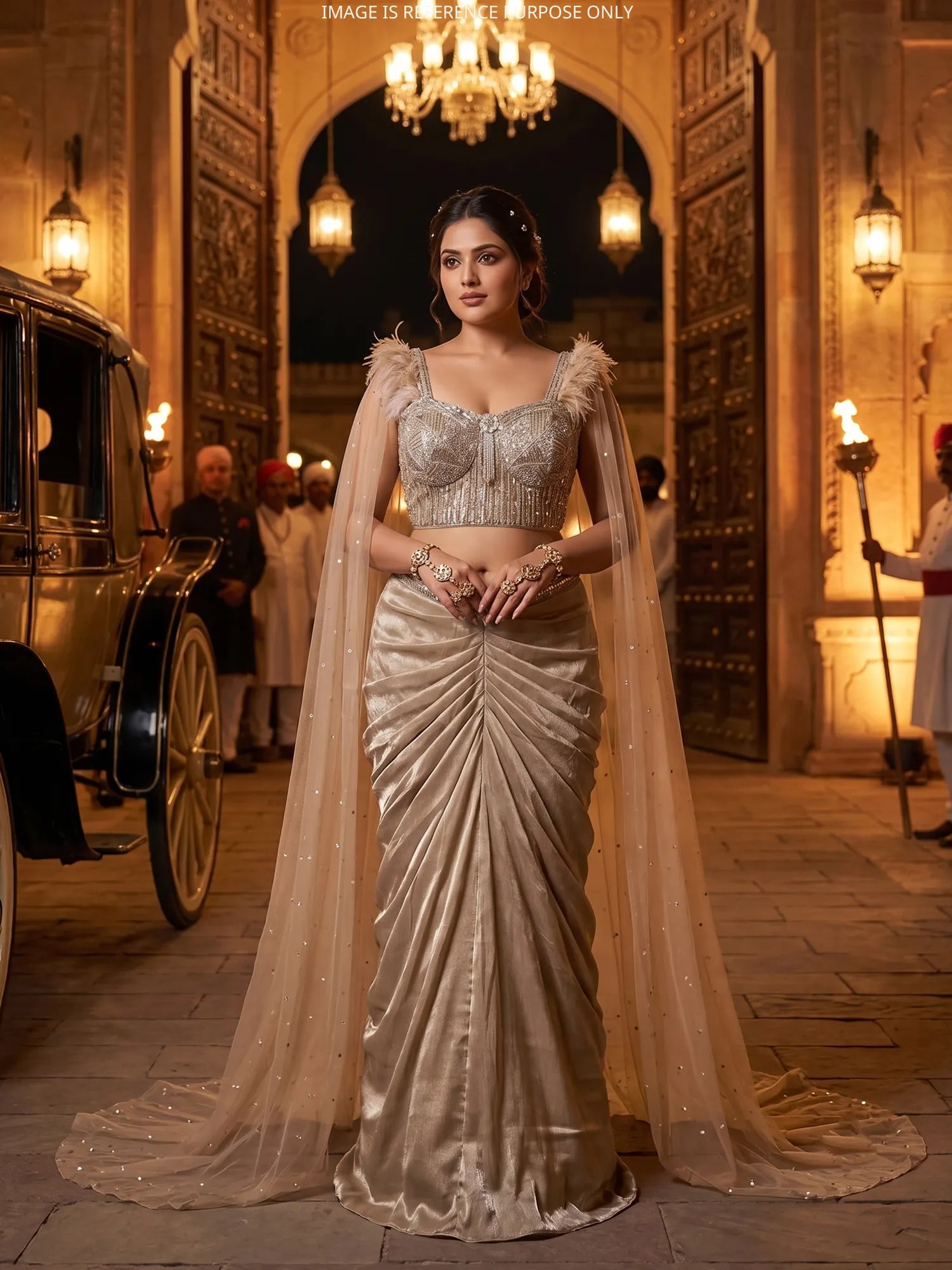 Champagne Designer Organza Ready-to-Wear Saree For Women
