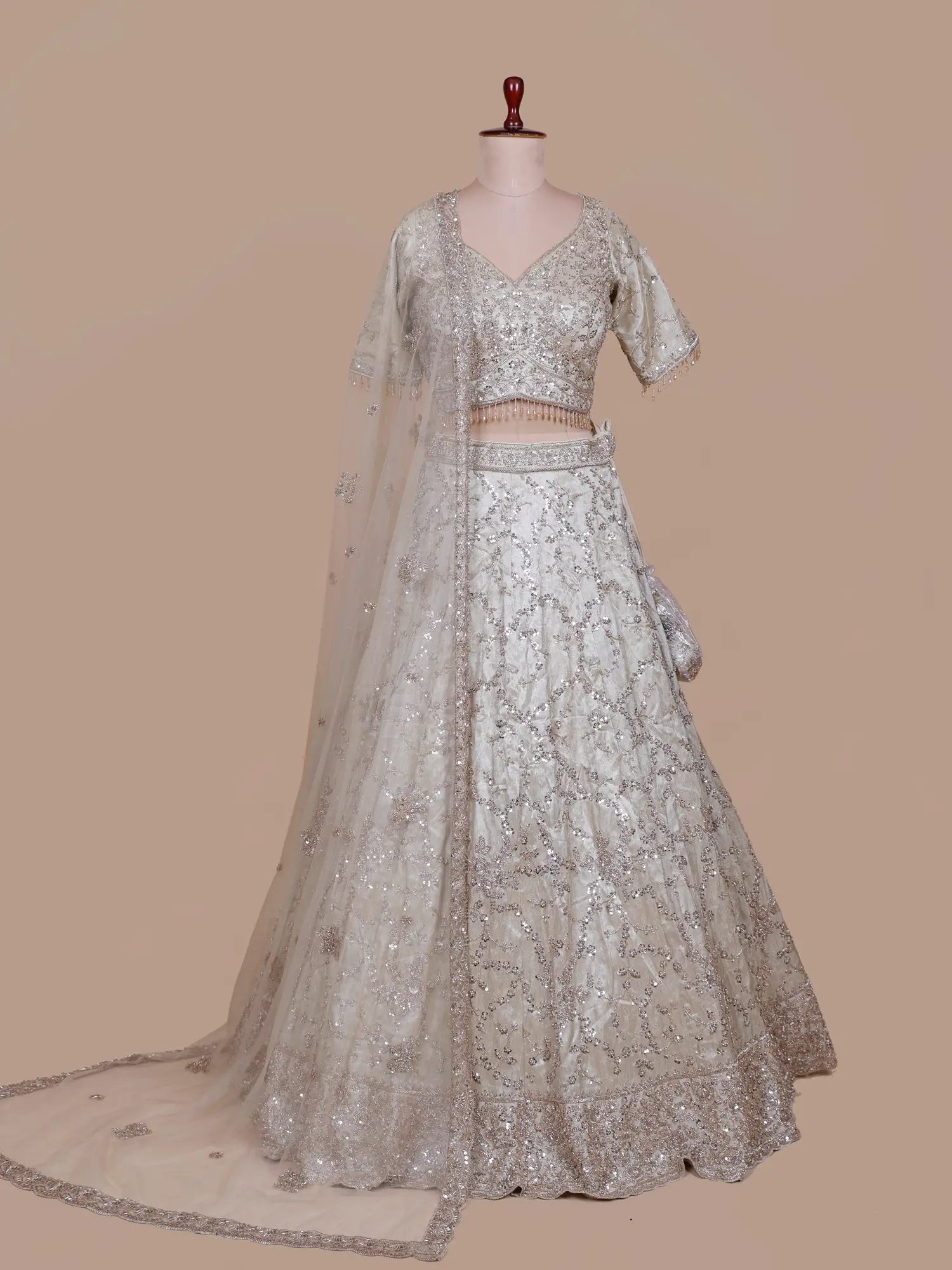 Champagne Designer Lehenga Choli In Organza With Beaded Sequin Glam
