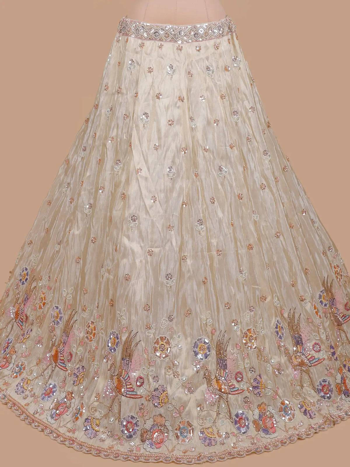 Champagne Gold Shimmer Organza Lehenga Featuring Colorful Bird Motifs