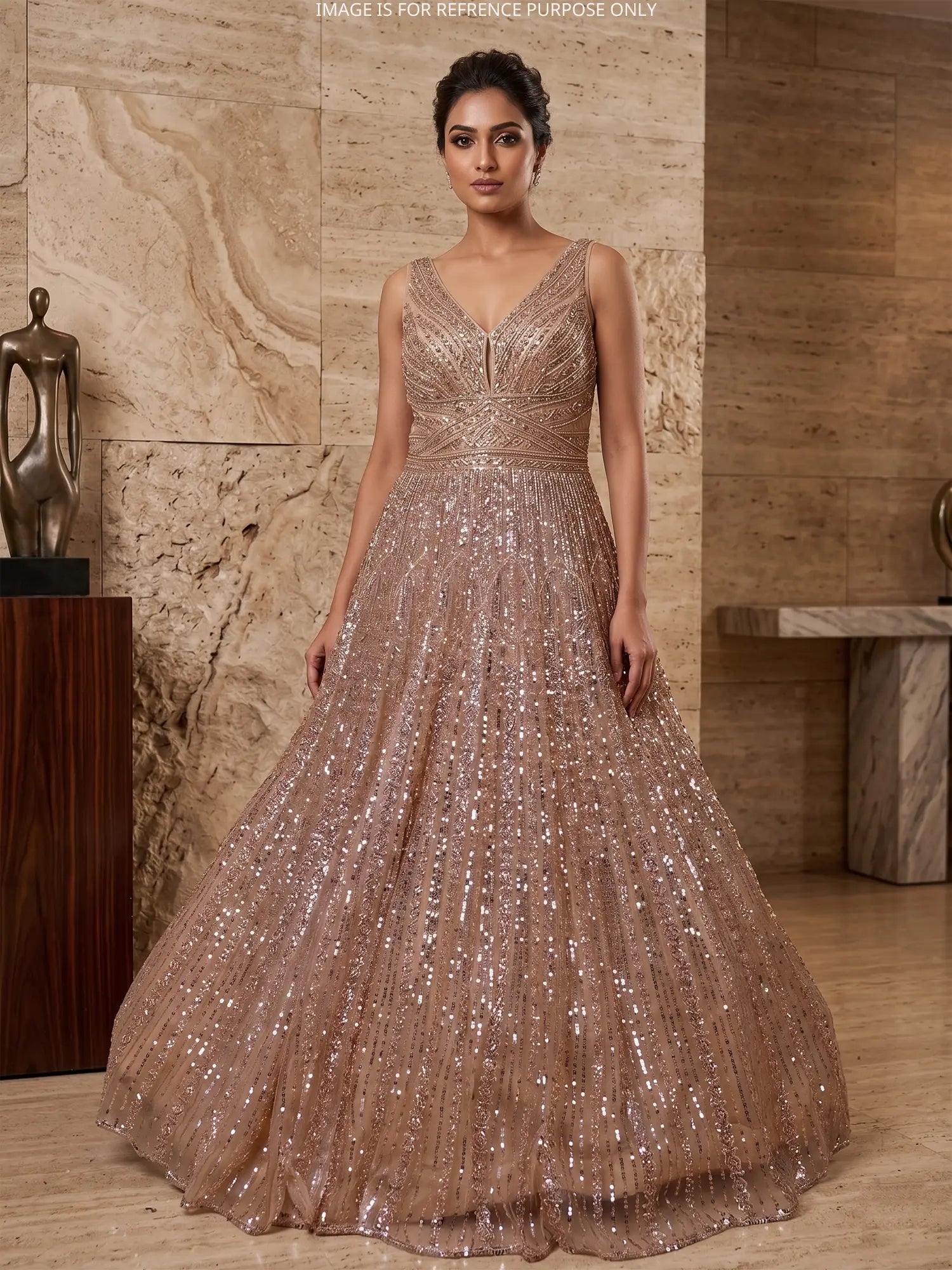 Champagne Gold Net Trendy Party Gown With Beads Work