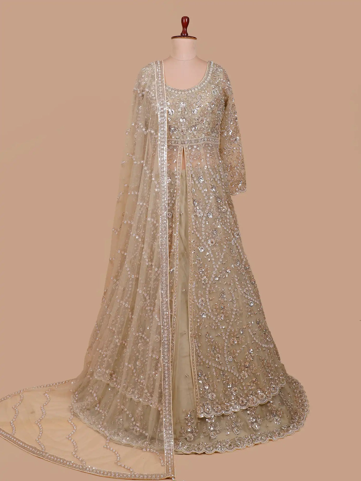Dazzling Champagne Gold Front Open Indo Western Lehenga with Beaded Detailing