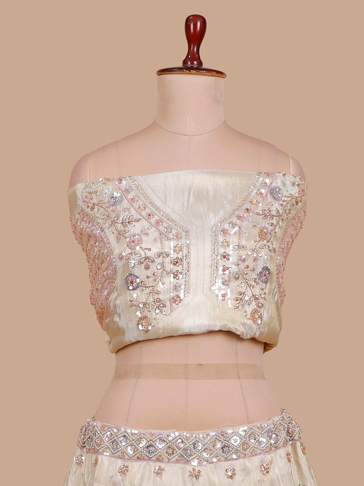 Champagne Gold Shimmer Organza Lehenga Featuring Colorful Bird Motifs