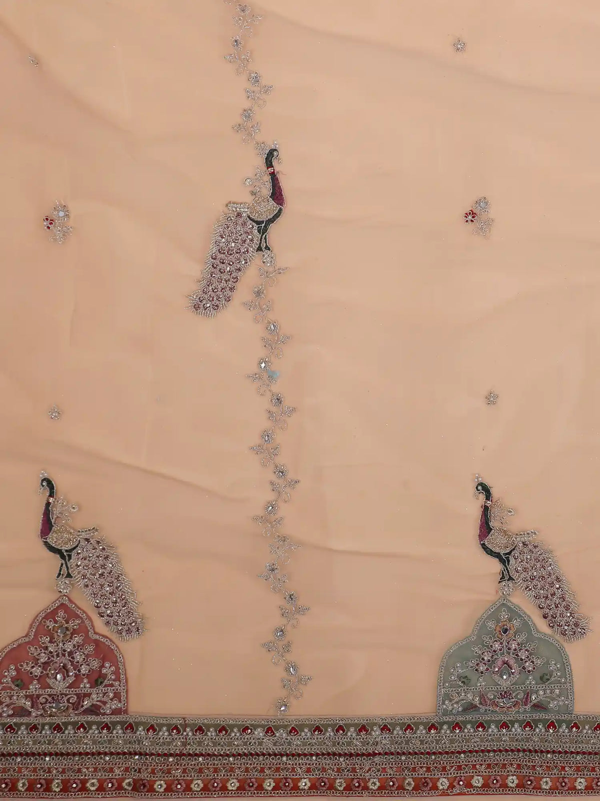 Pastel Champagne Lehenga Featuring Peacock Panels and Multicolor  Embroidery