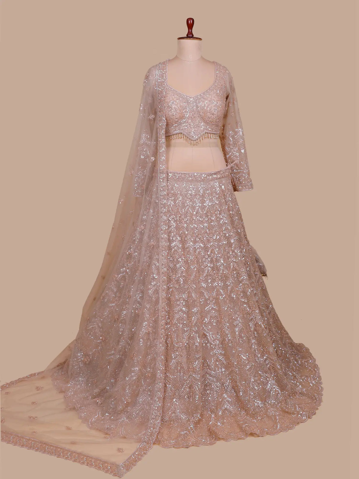 Glam Champagne Net Lehenga Choli with All Over Bead Sequin Embroidery