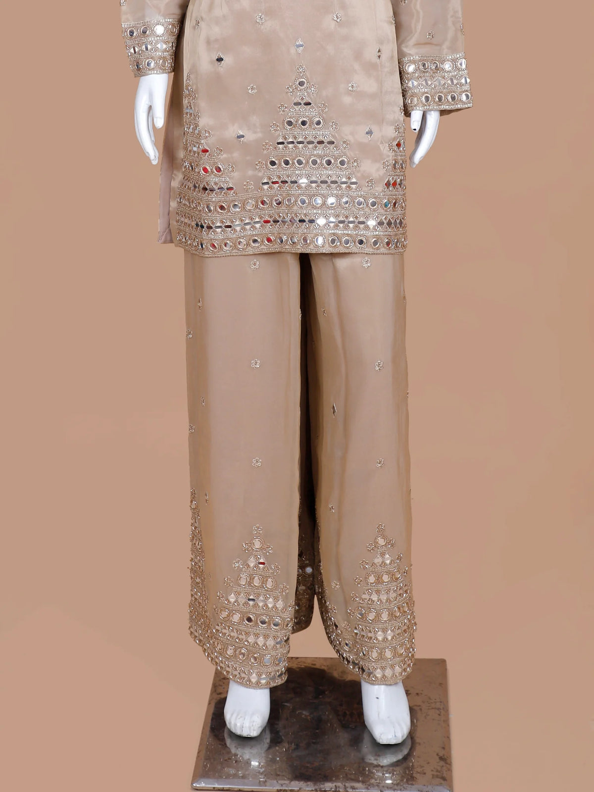 Select Champagne Shimmer Silk Traditional Palazzo Suit Highlighting Mirror Work