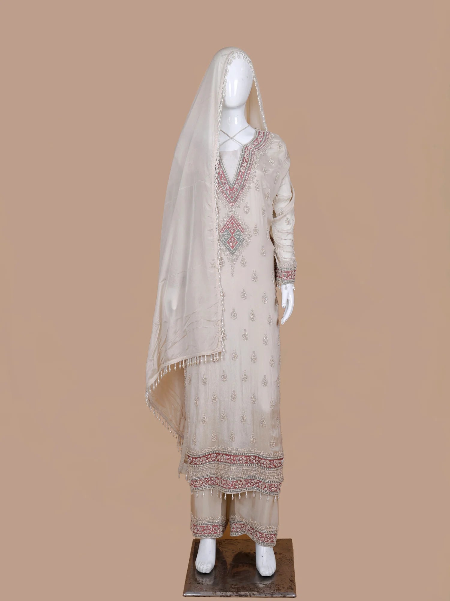 Get Champagne Silk Traditional Suit Crafted In Fine Bead And Threadwork