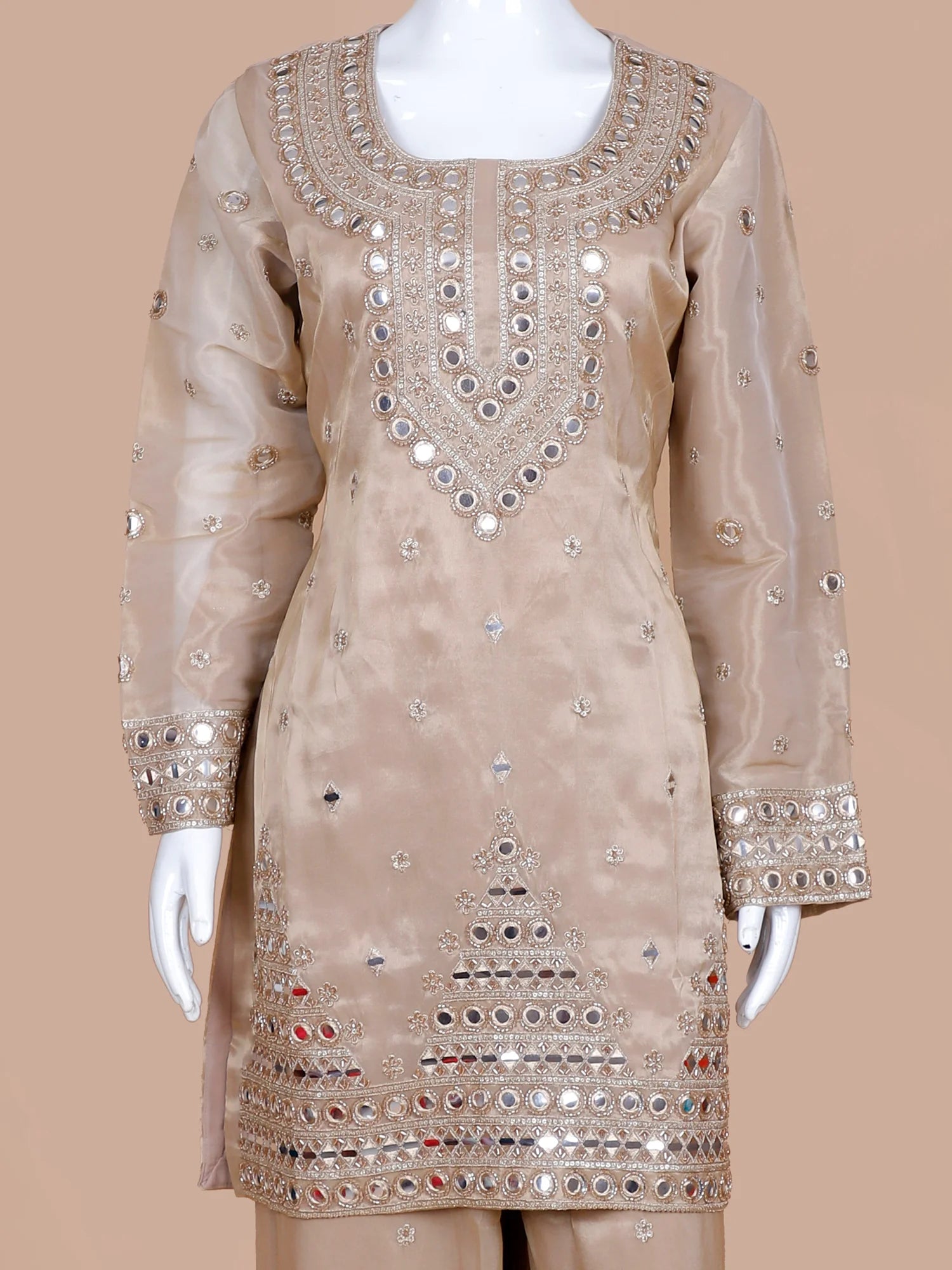 Select Champagne Shimmer Silk Traditional Palazzo Suit Highlighting Mirror Work