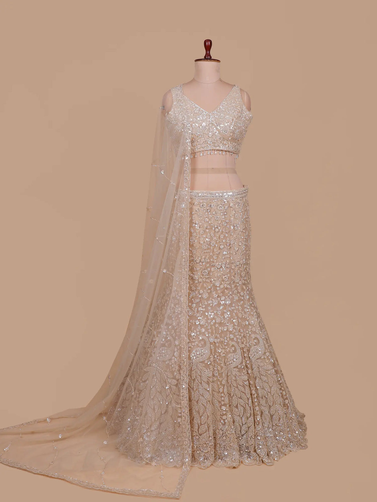 Champagne Silver Mermaid Lehenga with Peacock Motifs and Beadwork