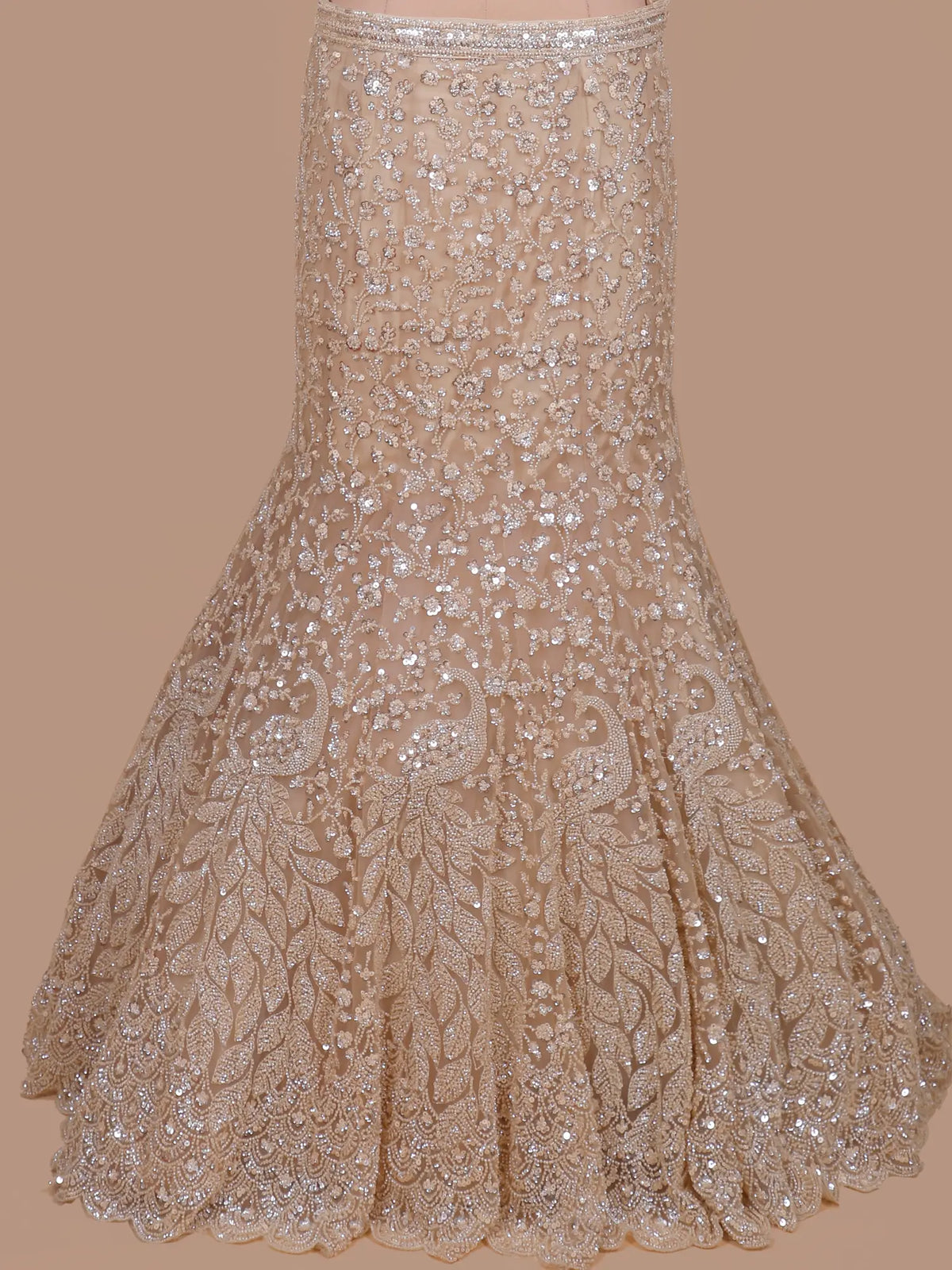Champagne Silver Mermaid Lehenga with Peacock Motifs and Beadwork