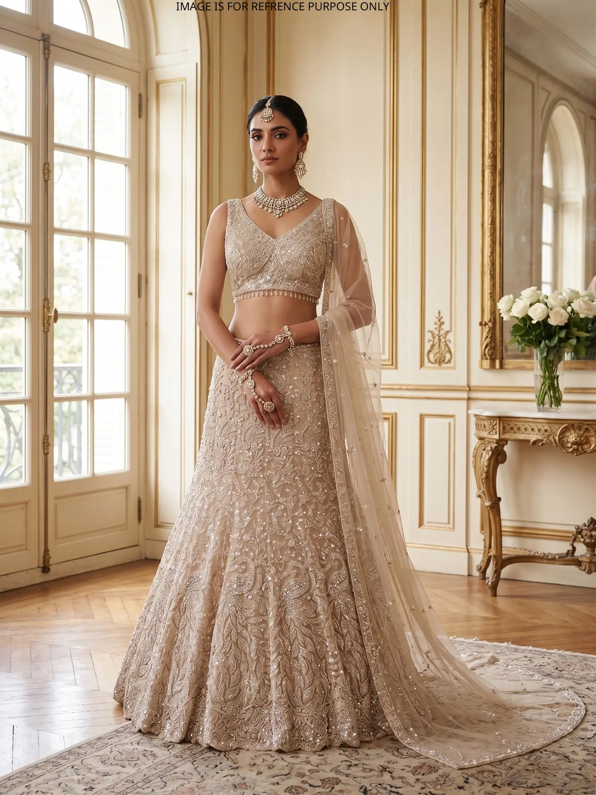 Champagne Silver Mermaid Lehenga with Peacock Motifs and Beadwork