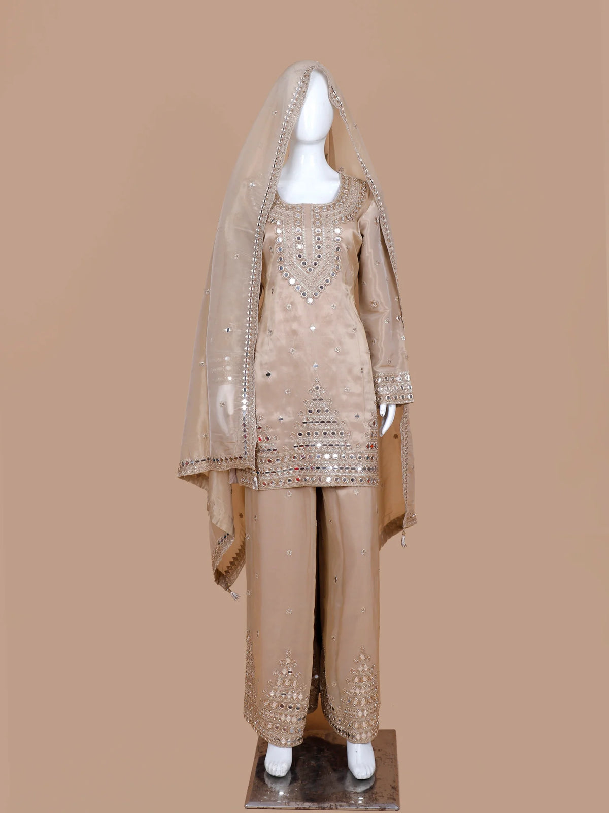 Select Champagne Shimmer Silk Traditional Palazzo Suit Highlighting Mirror Work