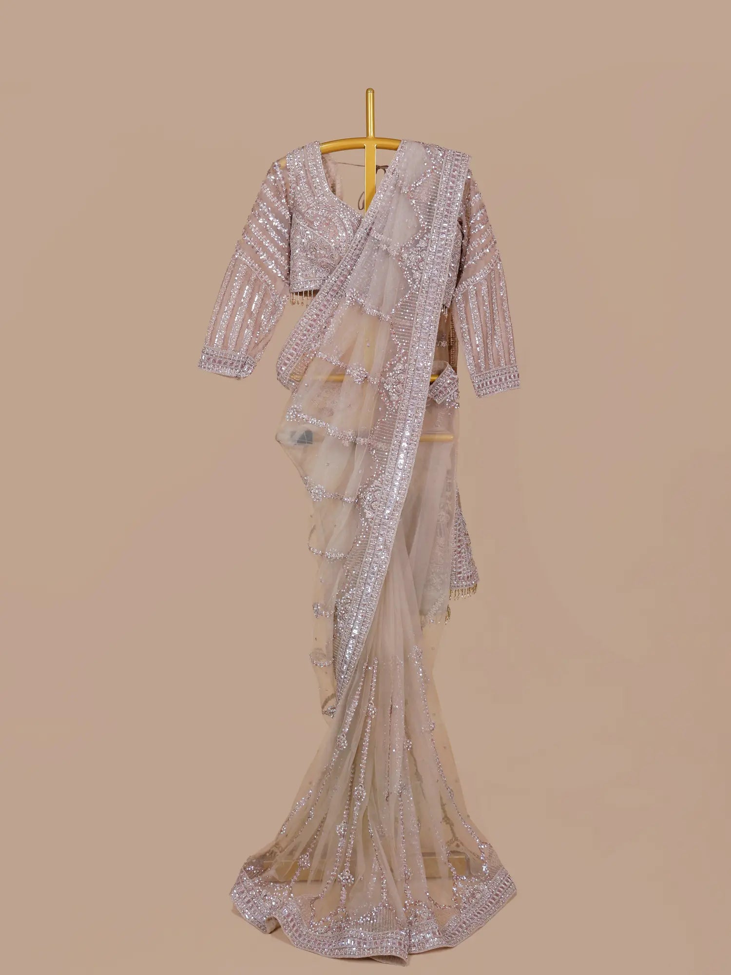 Shop Affordable Champagne Net Designer Saree Designed For Grand Occasions