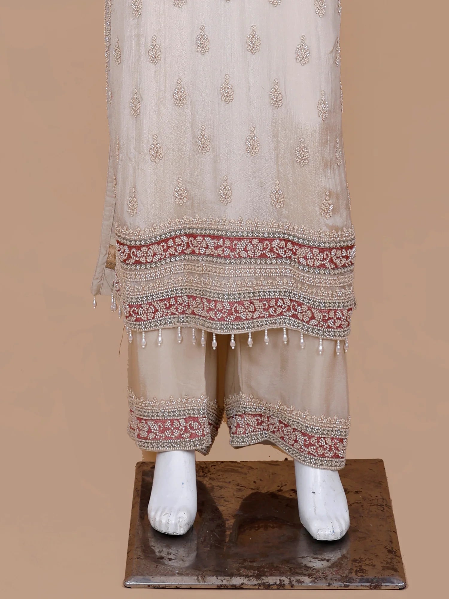 Get Champagne Silk Traditional Suit Crafted In Fine Bead And Threadwork