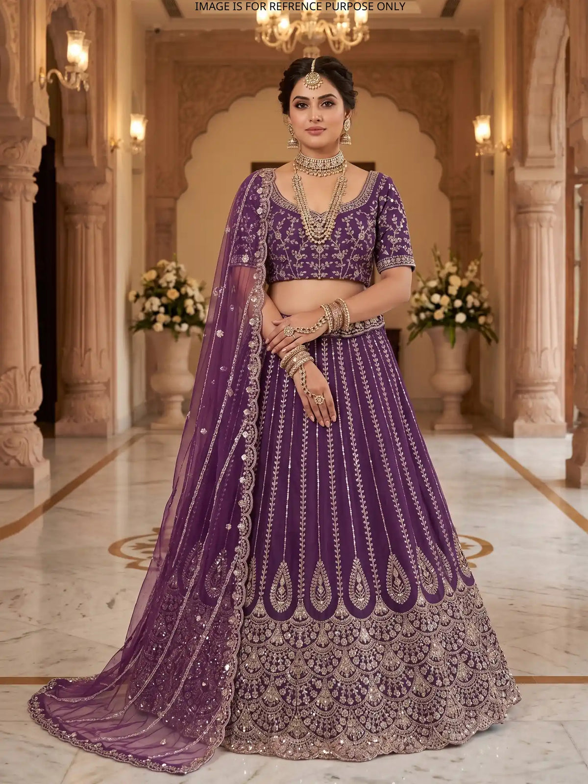 Charming Deep Purple Unstitched Lehenga with Silver Floral Sequin Work