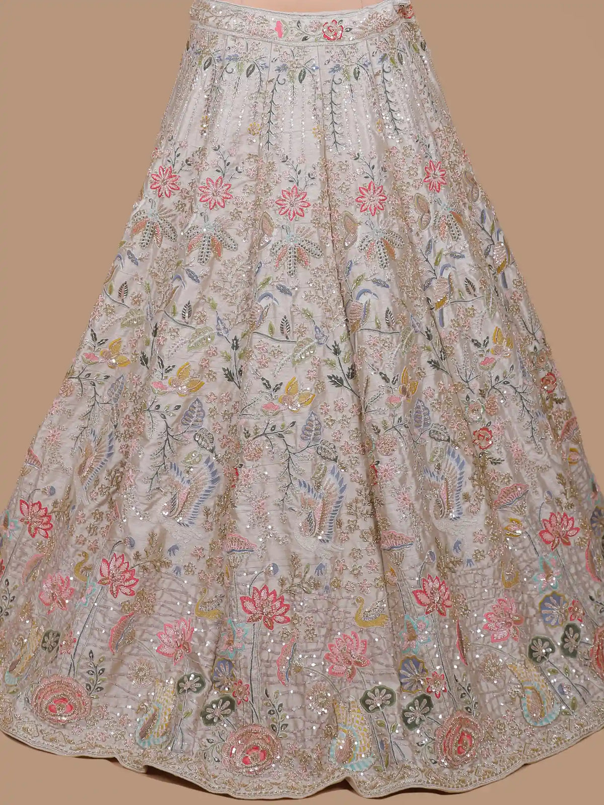 Charming Off White Lehenga with Bird and Pastel Floral Embroidery